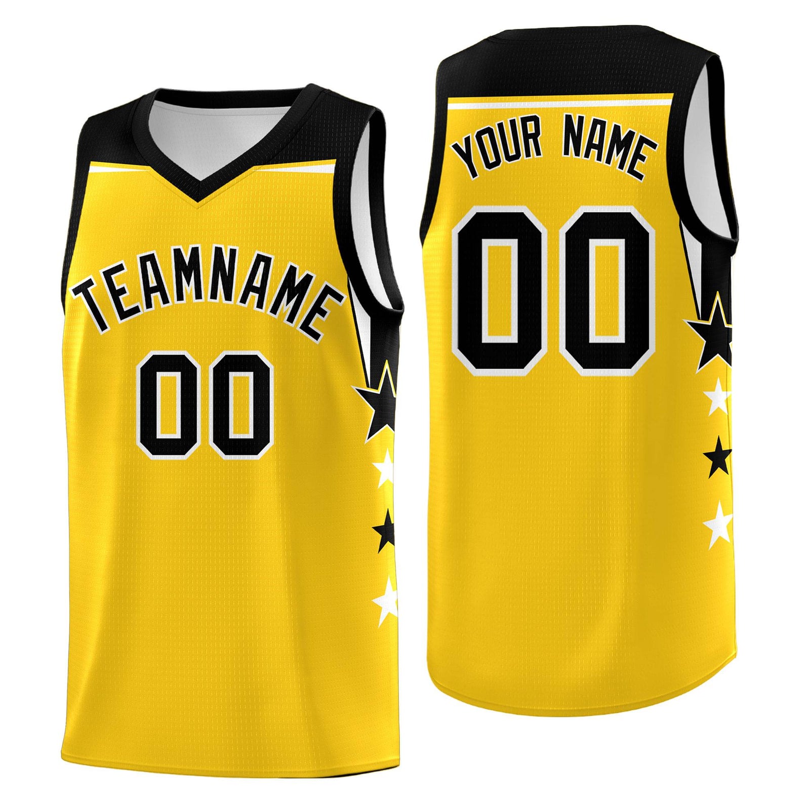 Custom Youth Basketball Uniform Gold Black Two Tone Side Star Personalized Team Jersey