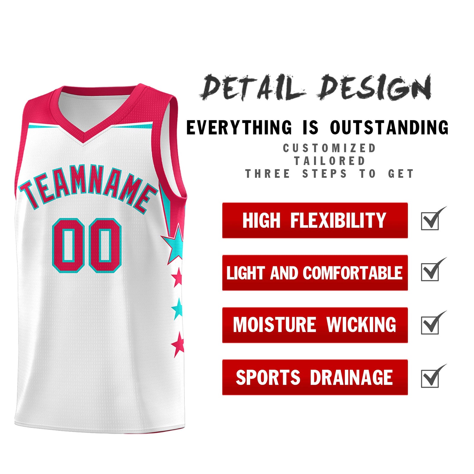 Custom Youth Basketball Uniform White Red Two Tone Side Star Color Block Team Jersey