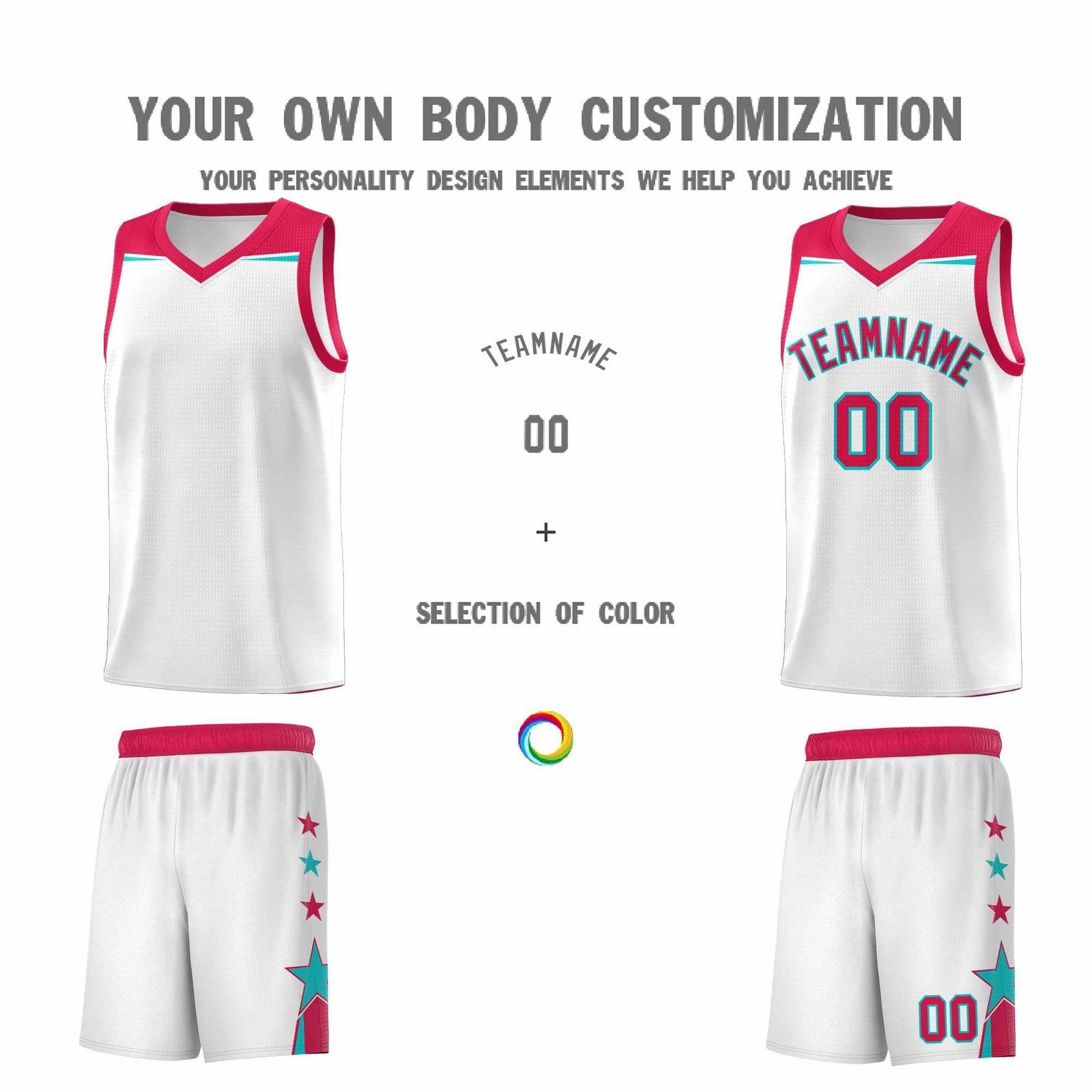 Custom Youth Basketball Uniform White Red Two Tone Side Star Color Block Team Jersey