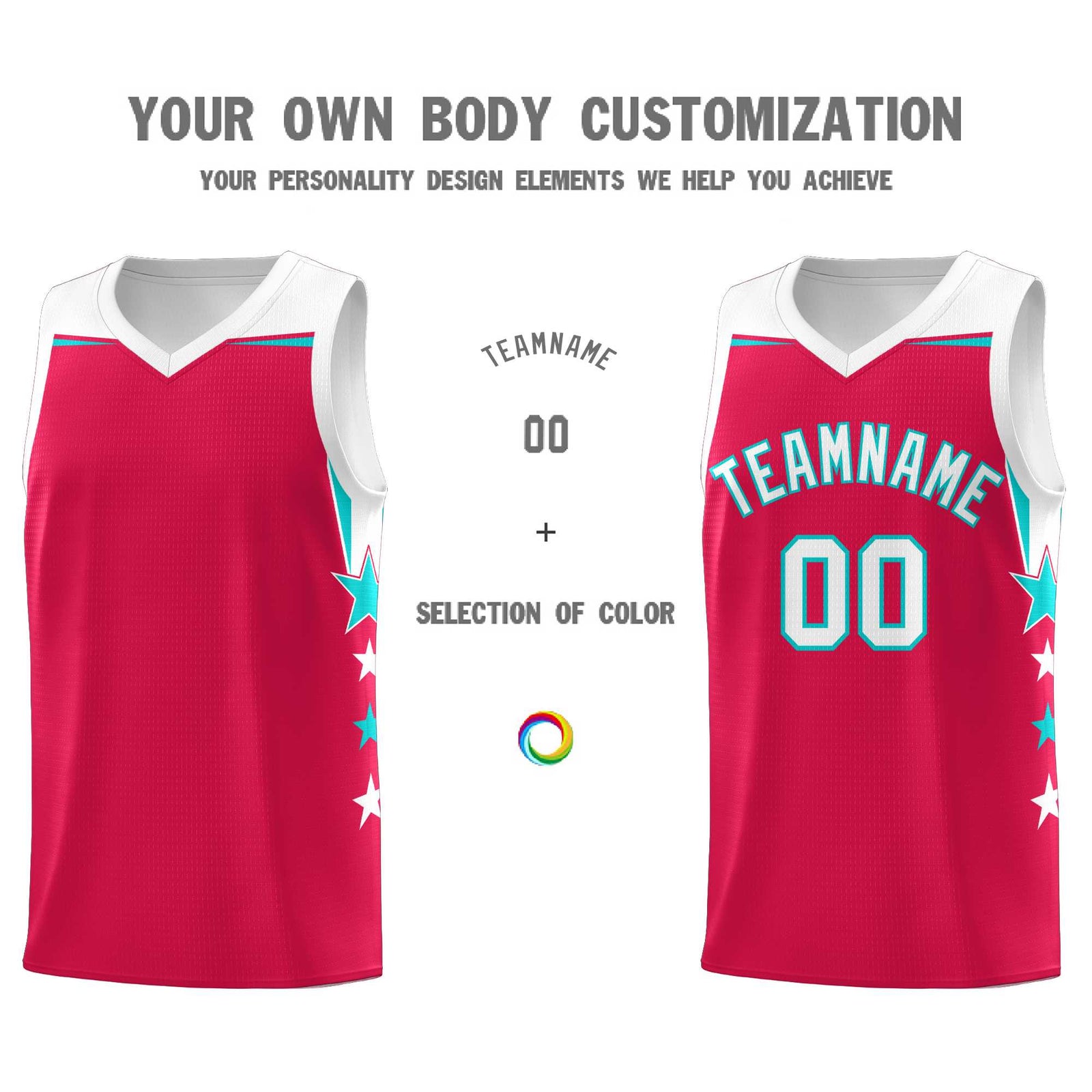 Custom Youth Basketball Uniform Red White Two Tone Side Star Add Name Number & Logo