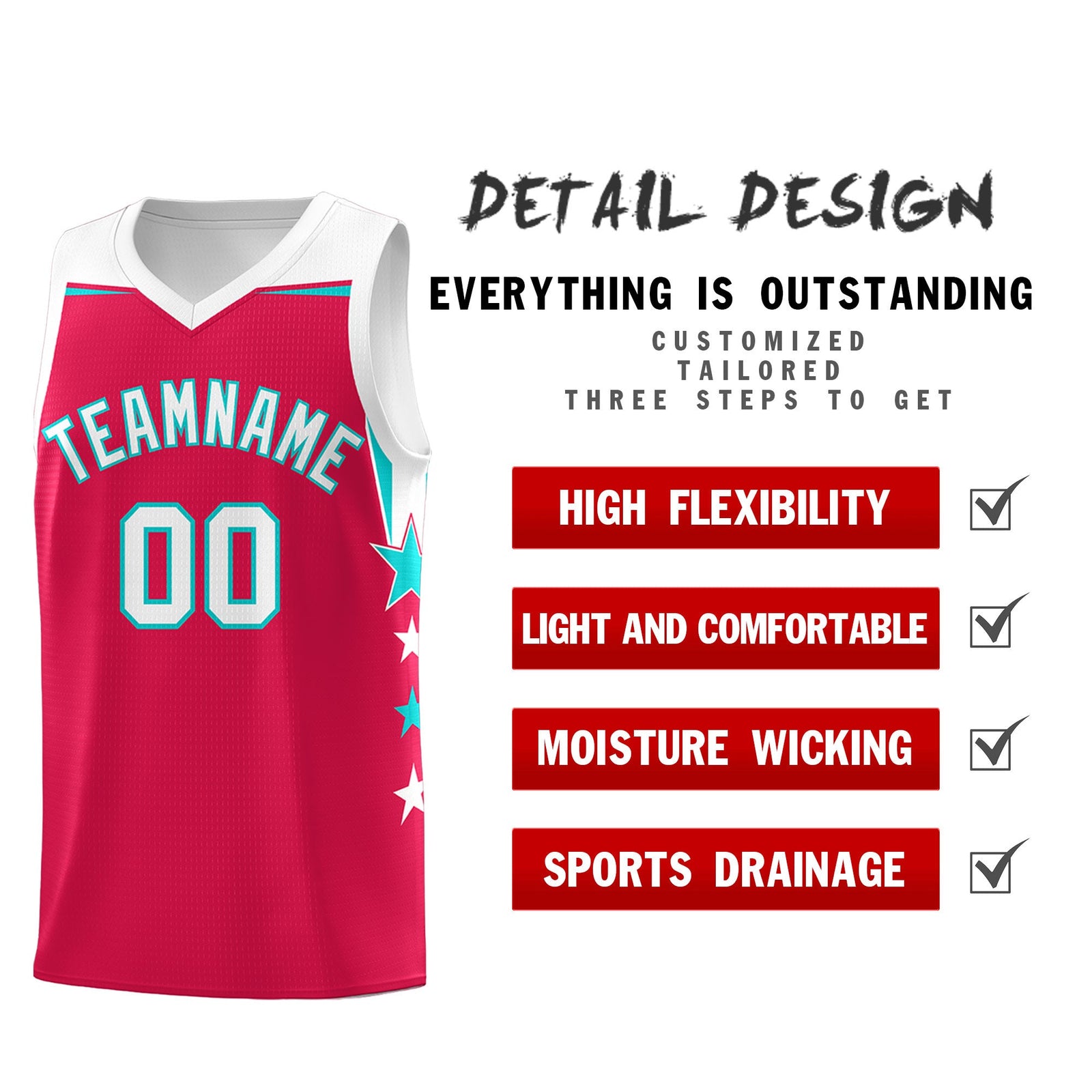Custom Youth Basketball Uniform Red White Two Tone Side Star Add Name Number & Logo