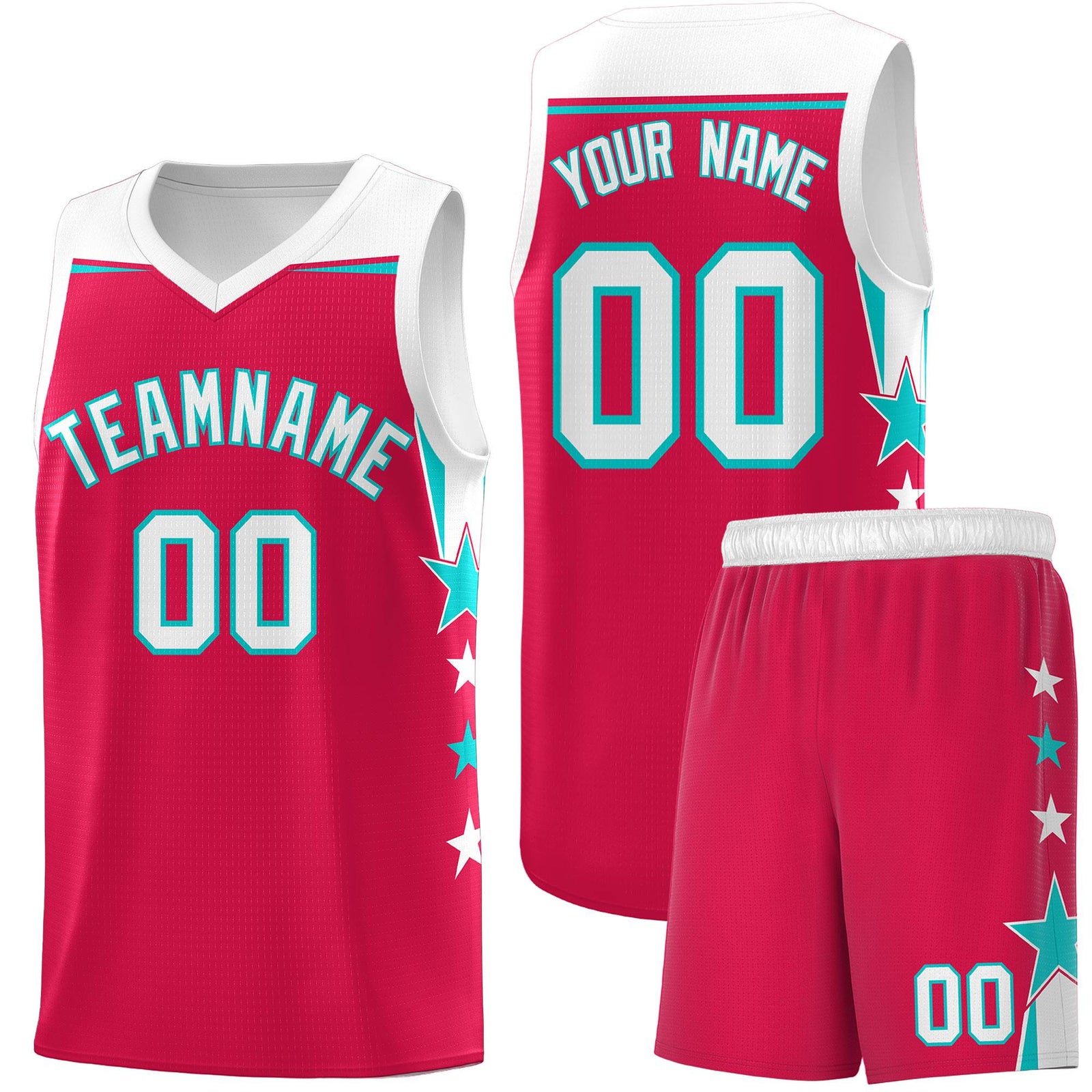 Custom Youth Basketball Uniform Red White Two Tone Side Star Add Name Number & Logo