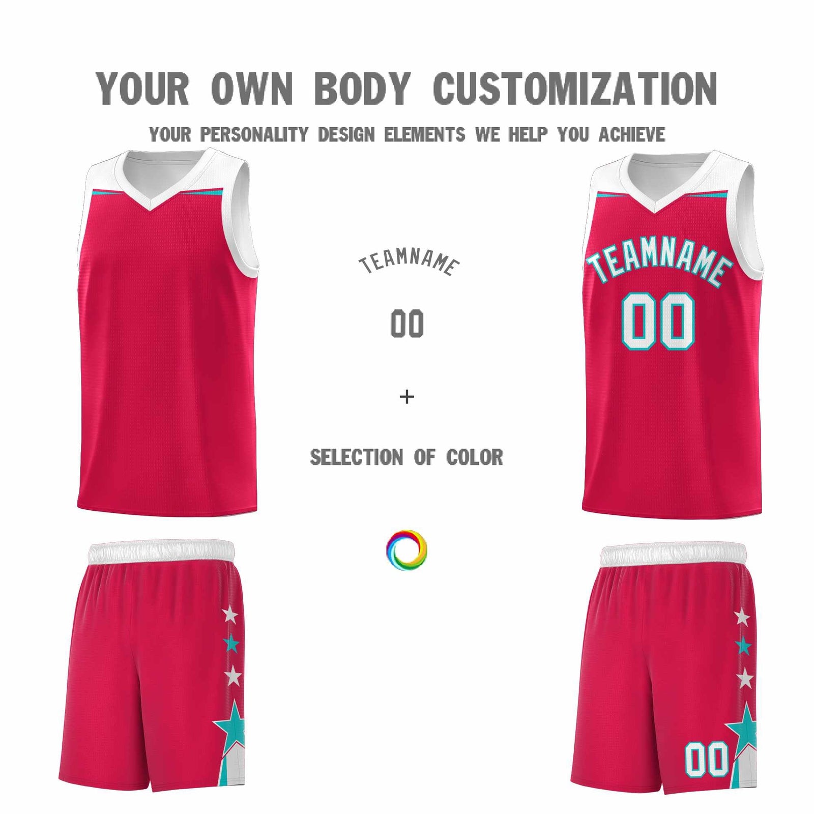 Custom Youth Basketball Uniform Red White Two Tone Side Star Add Name Number & Logo