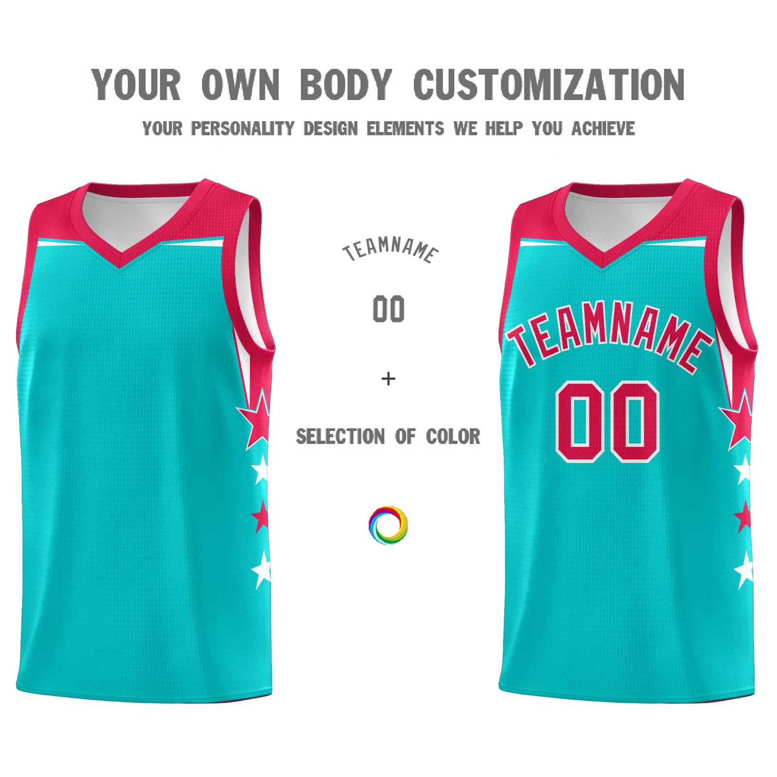 Custom Youth Basketball Uniform Aqua Red Two Tone Side Star Personalized Team Jersey