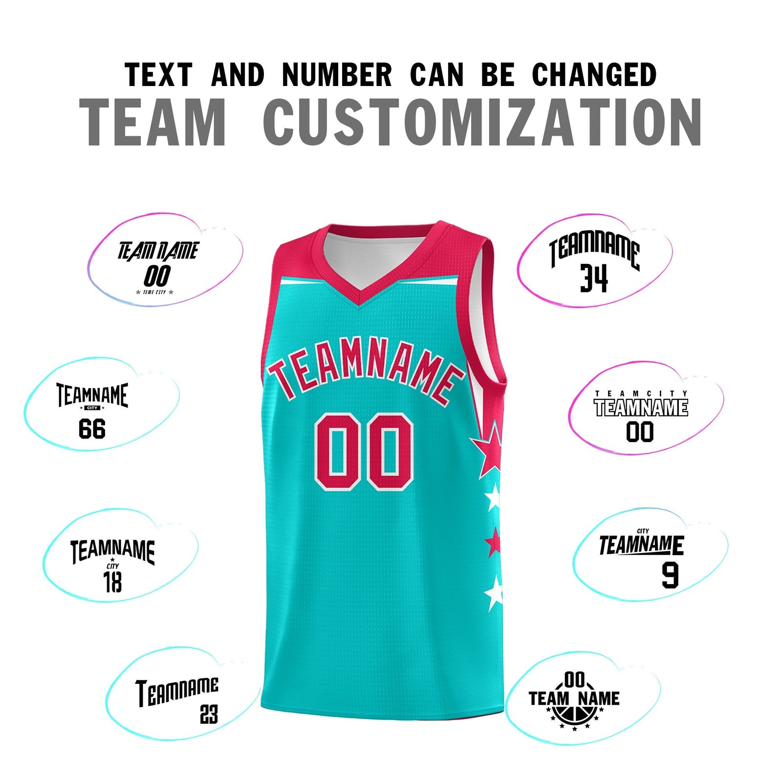 Custom Youth Basketball Uniform Aqua Red Two Tone Side Star Personalized Team Jersey