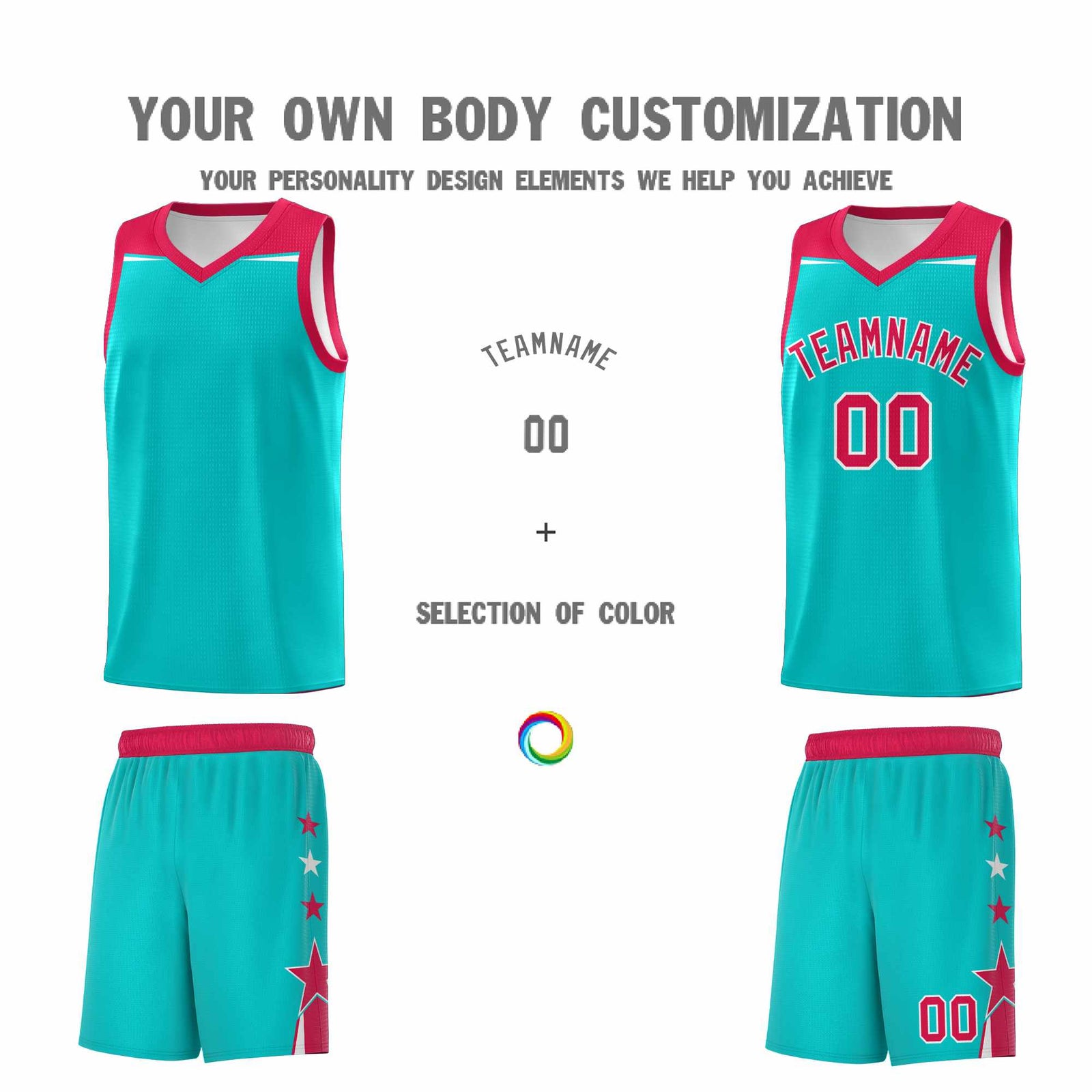 Custom Youth Basketball Uniform Aqua Red Two Tone Side Star Personalized Team Jersey