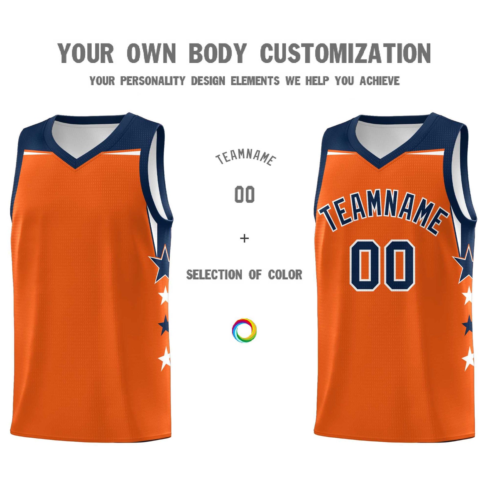 Custom Youth Basketball Uniform Orange Navy Two Tone Side Star Personalized Team Jersey