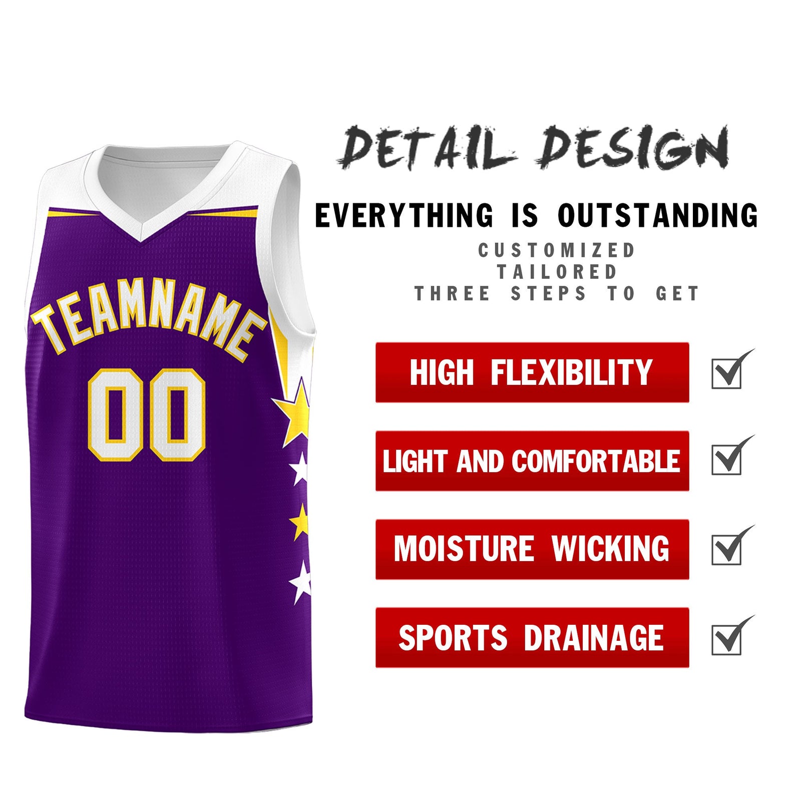 Custom Youth Basketball Uniform Purple White Two Tone Side Star Add Name Number & Logo