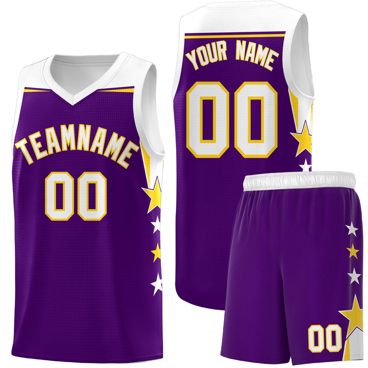 Custom Youth Basketball Uniform Purple White Two Tone Side Star Add Name Number &amp; Logo