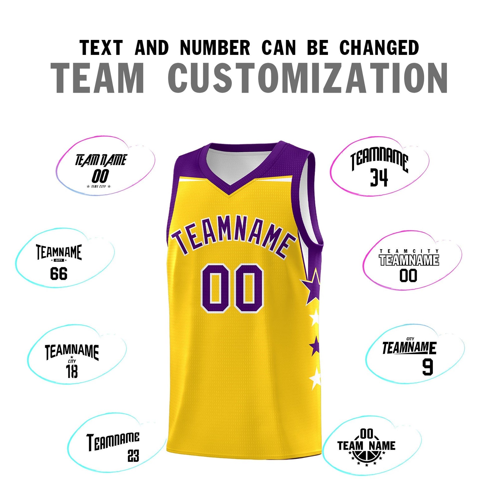 Custom Youth Basketball Uniform Gold Purple Two Tone Side Star Personalized Team Jersey