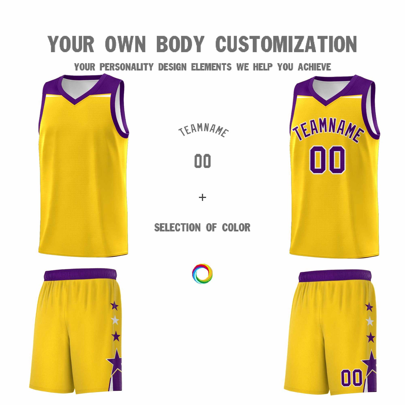 Custom Youth Basketball Uniform Gold Purple Two Tone Side Star Personalized Team Jersey