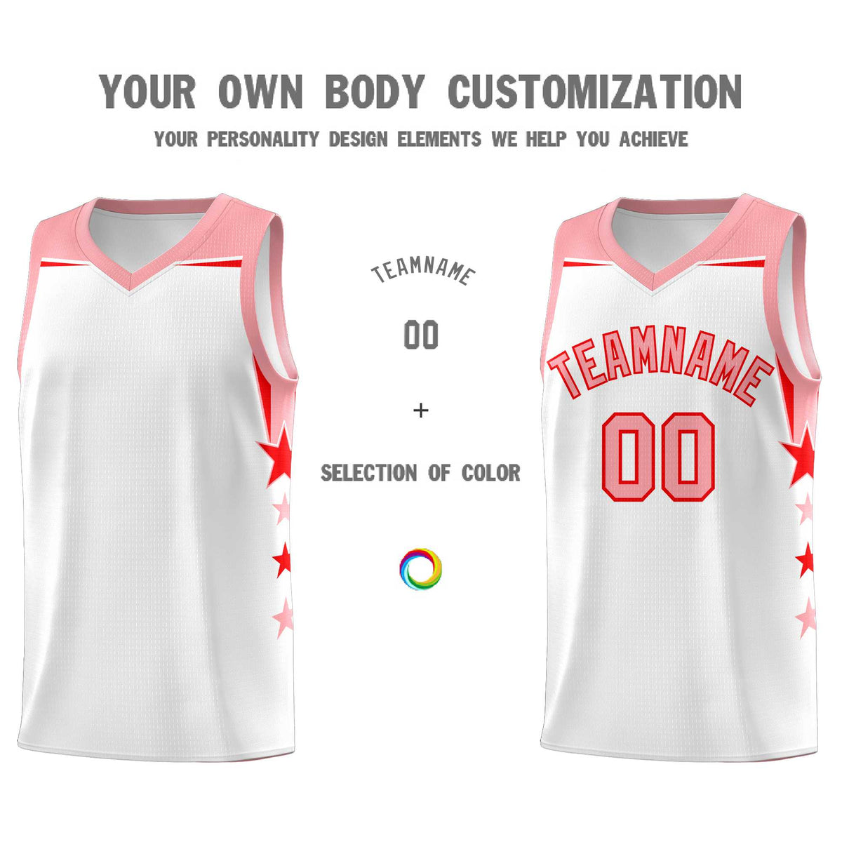 Custom Youth Basketball Uniform White Light Pink Two Tone Side Star Color Block Team Jersey