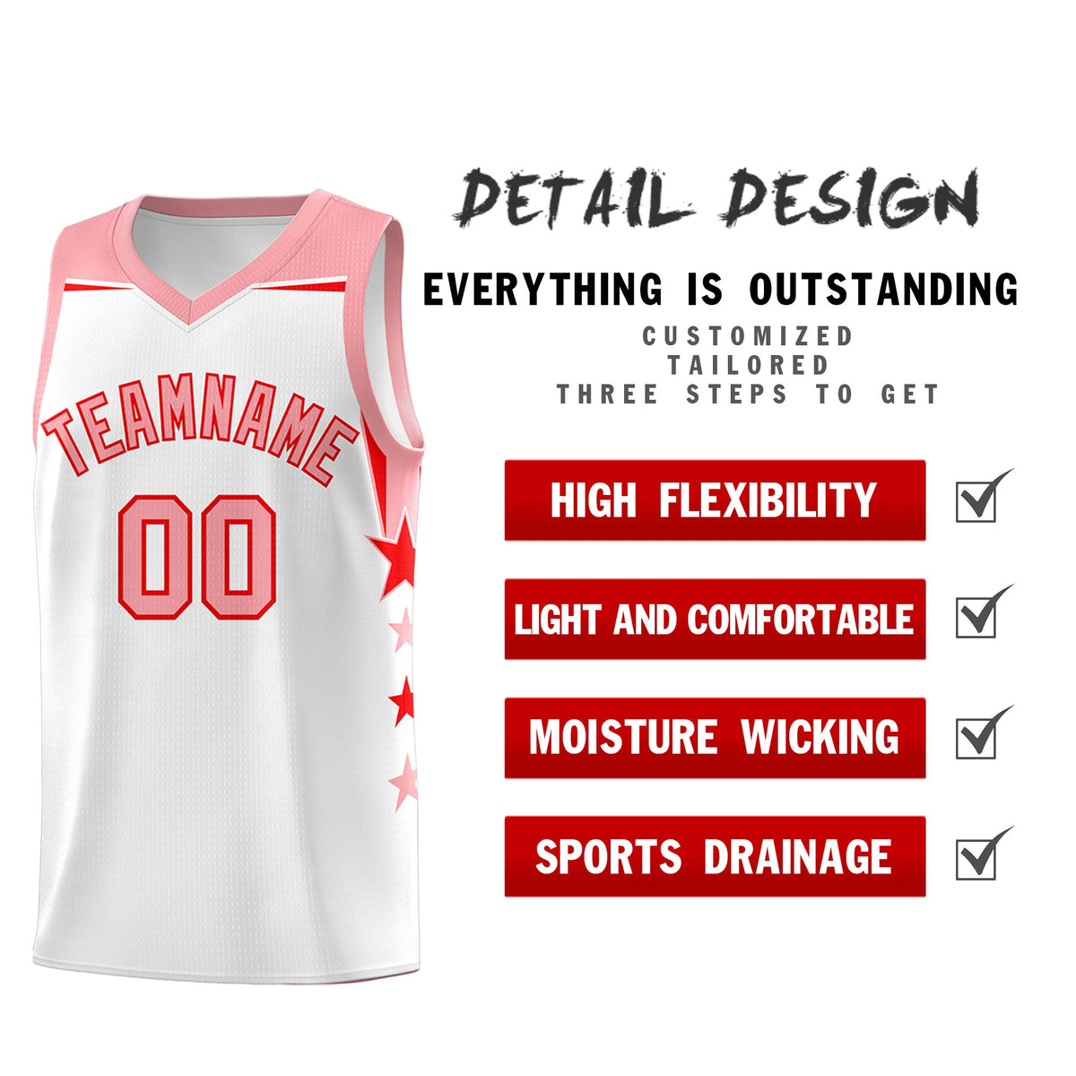 Custom Youth Basketball Uniform White Light Pink Two Tone Side Star Color Block Team Jersey