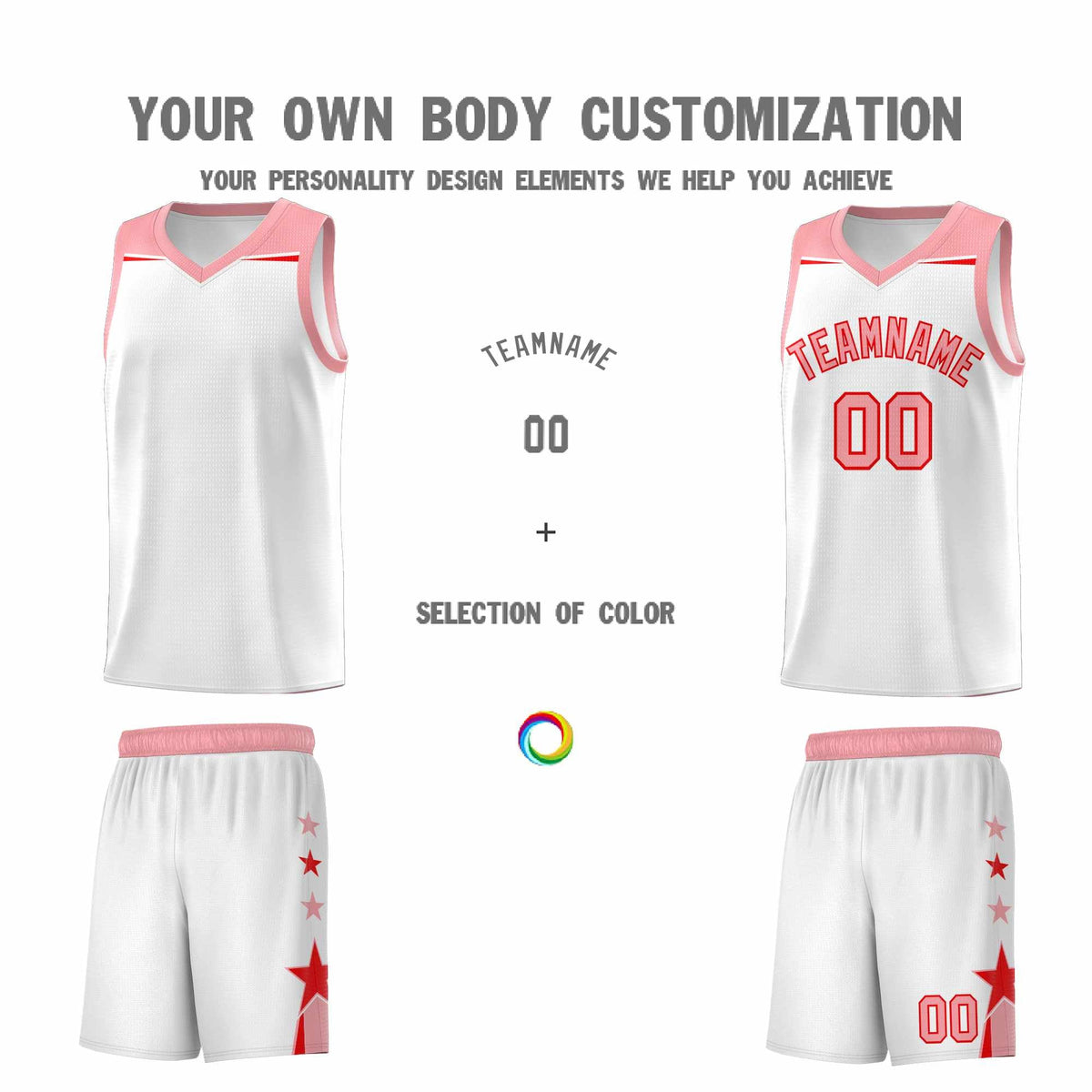 Custom Youth Basketball Uniform White Light Pink Two Tone Side Star Color Block Team Jersey