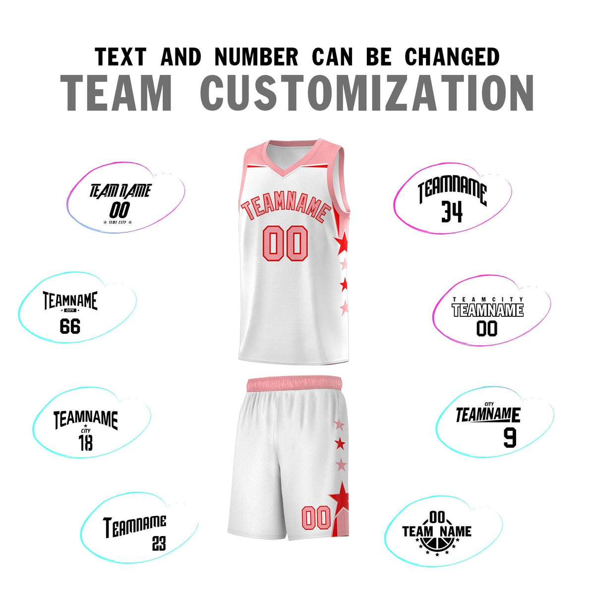 Custom Youth Basketball Uniform White Light Pink Two Tone Side Star Color Block Team Jersey
