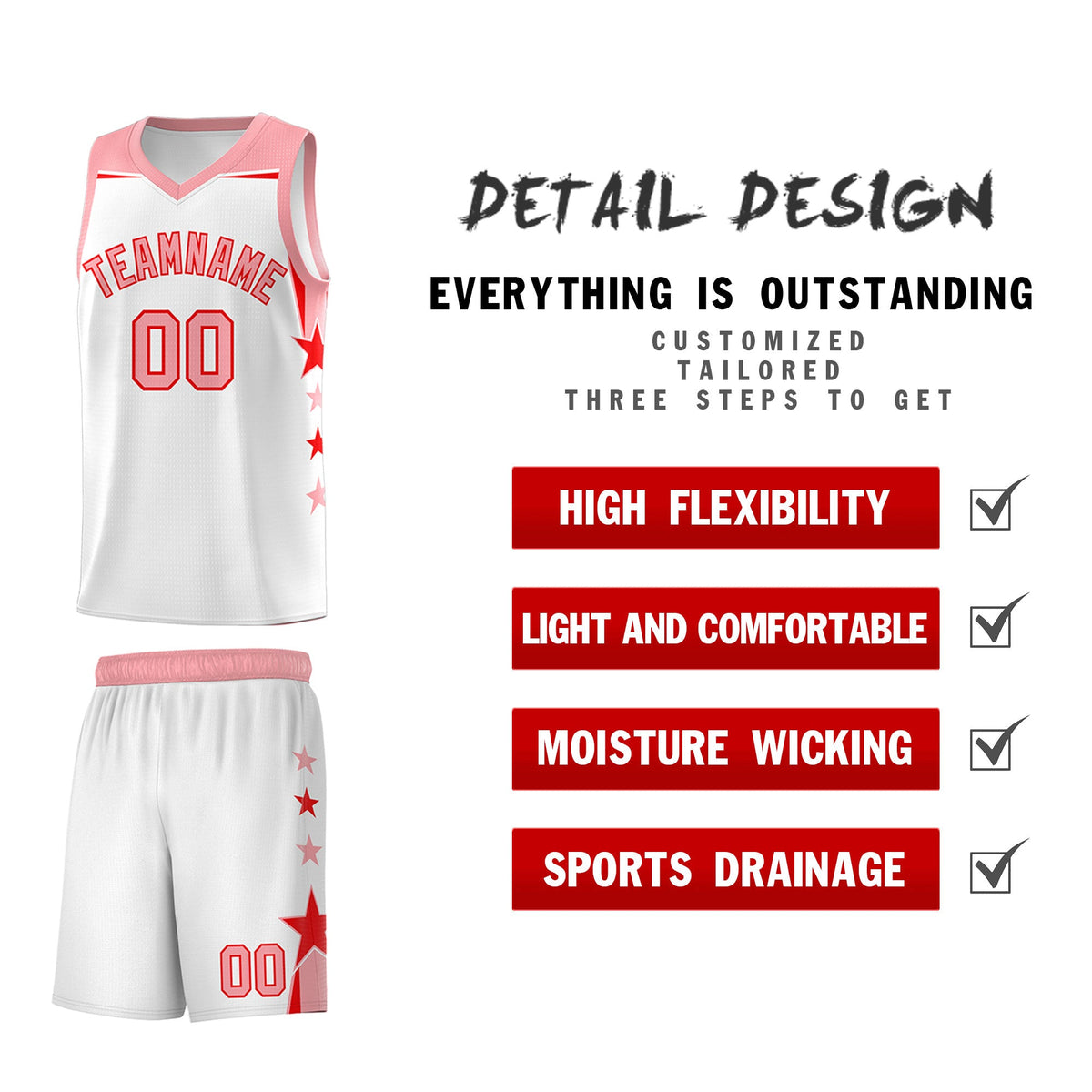 Custom Youth Basketball Uniform White Light Pink Two Tone Side Star Color Block Team Jersey