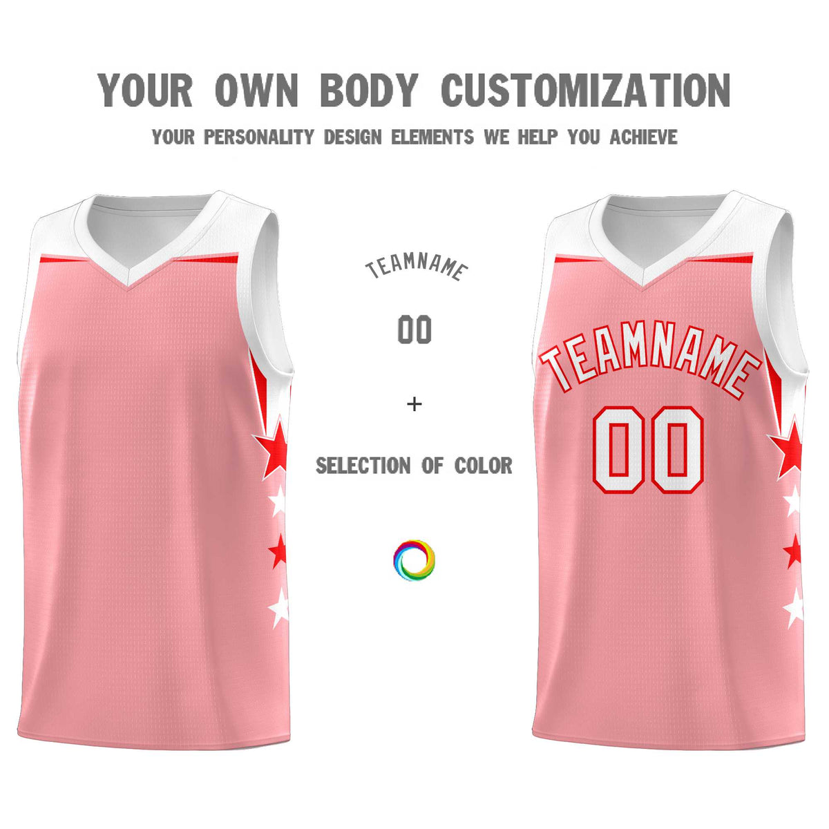 Custom Youth Basketball Uniform Light Pink White Two Tone Side Star Add Name Number &amp; Logo