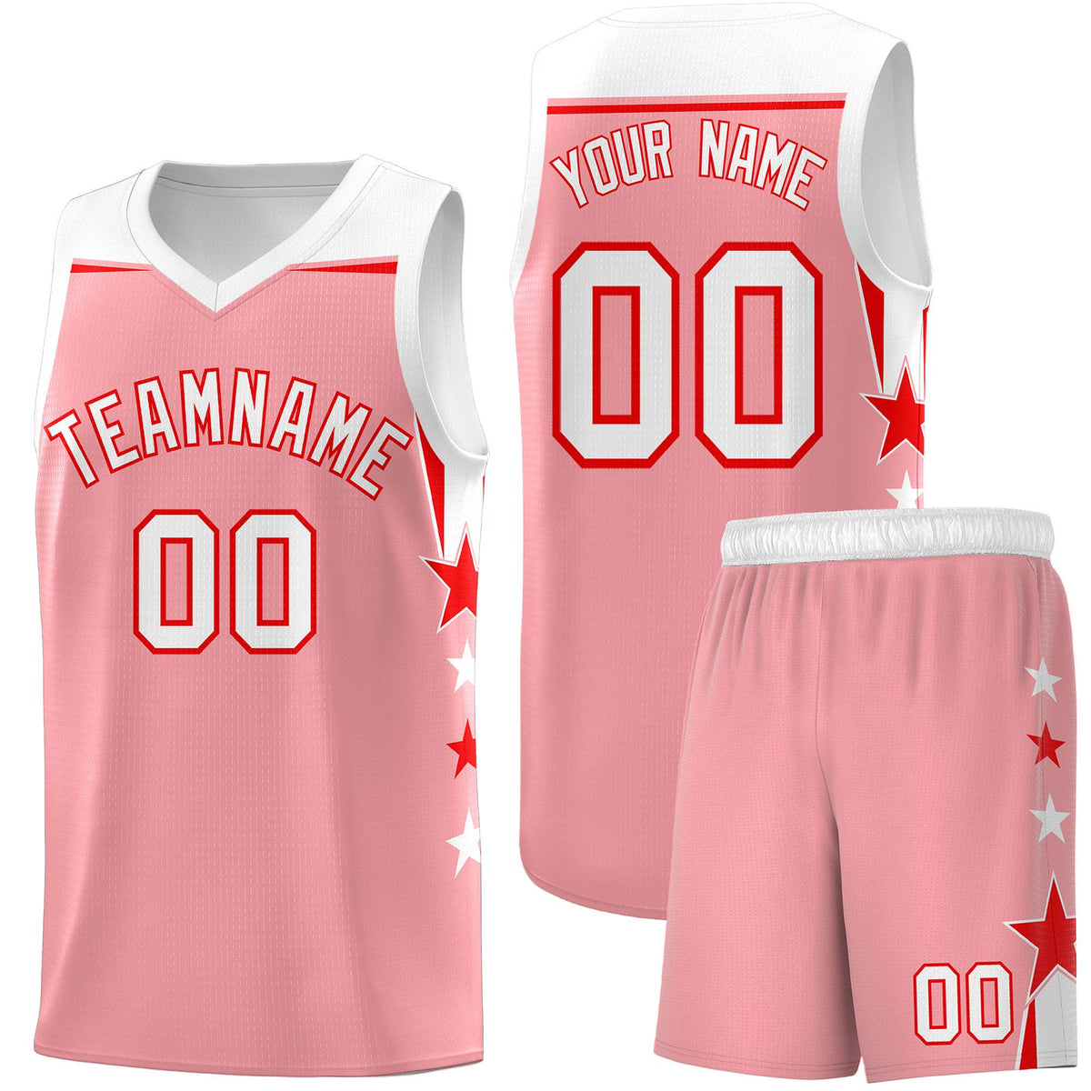 Custom Youth Basketball Uniform Light Pink White Two Tone Side Star Add Name Number &amp; Logo