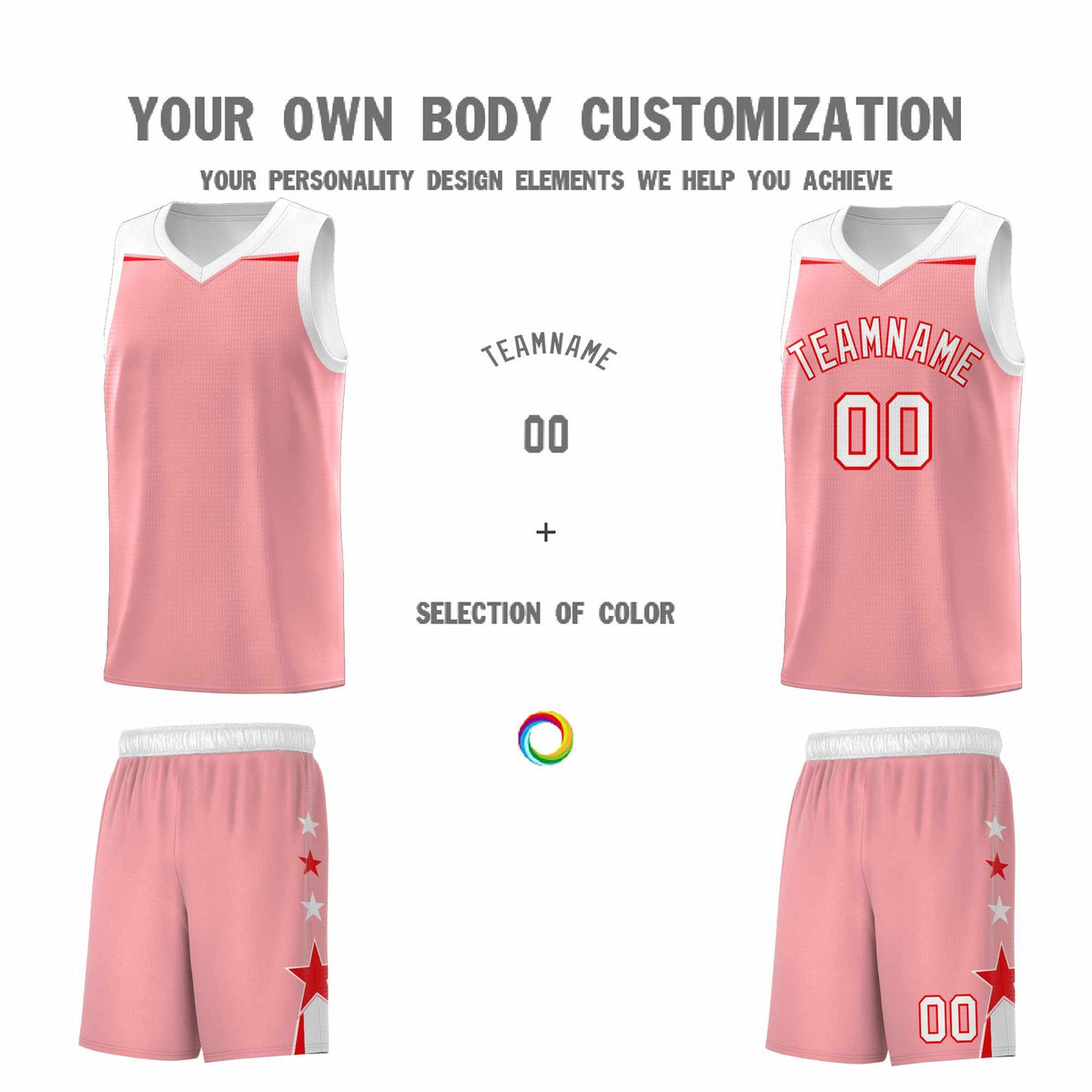Custom Youth Basketball Uniform Light Pink White Two Tone Side Star Add Name Number &amp; Logo