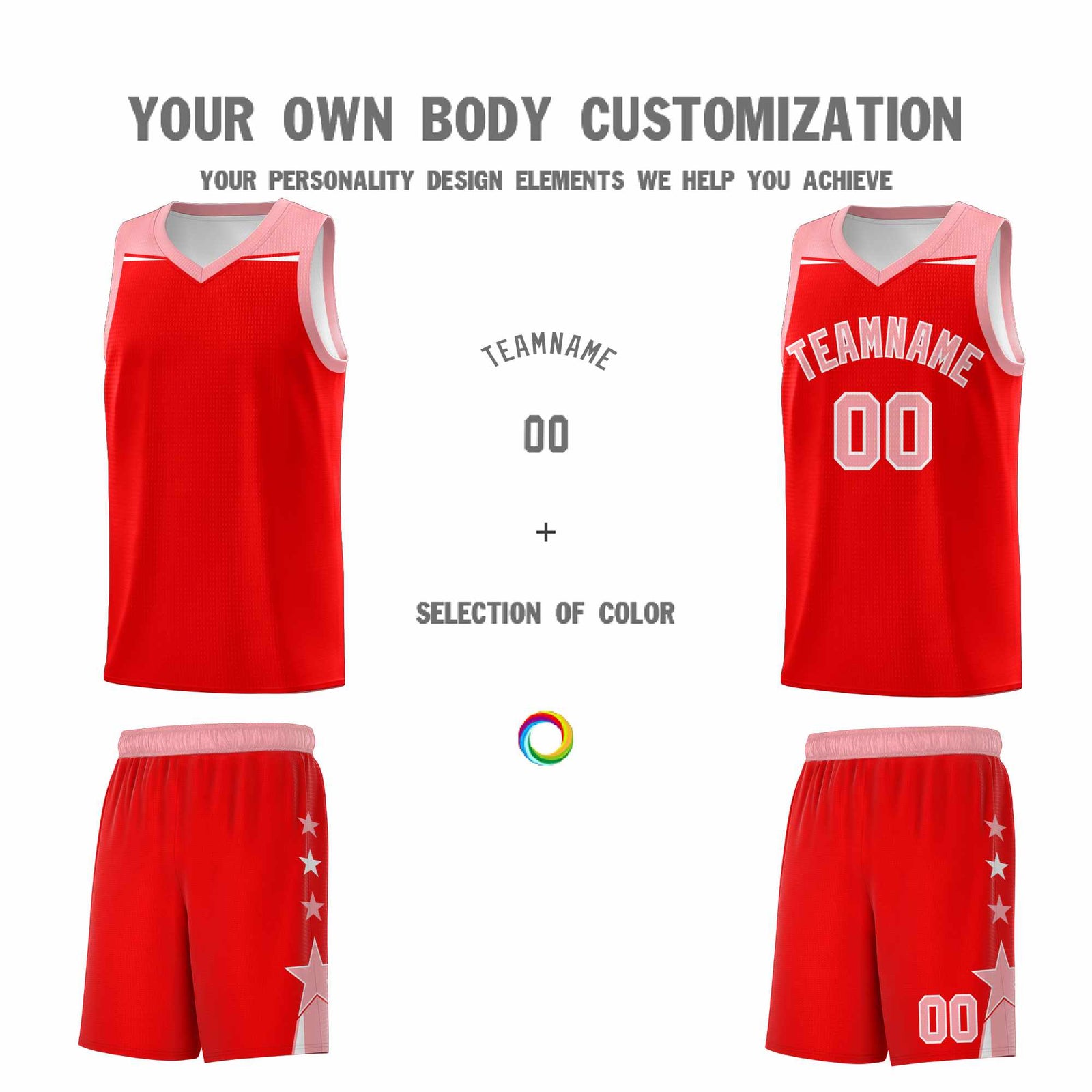 Custom Youth Basketball Uniform Light Red Light Pink Two Tone Side Star Personalized Team Jersey