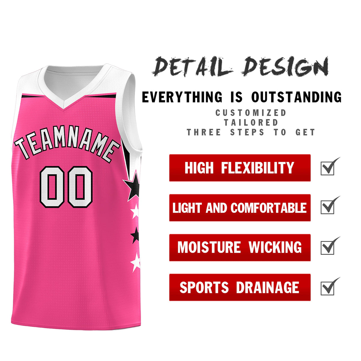 Custom Youth Basketball Uniform Pink White Two Tone Side Star Add Name Number &amp; Logo