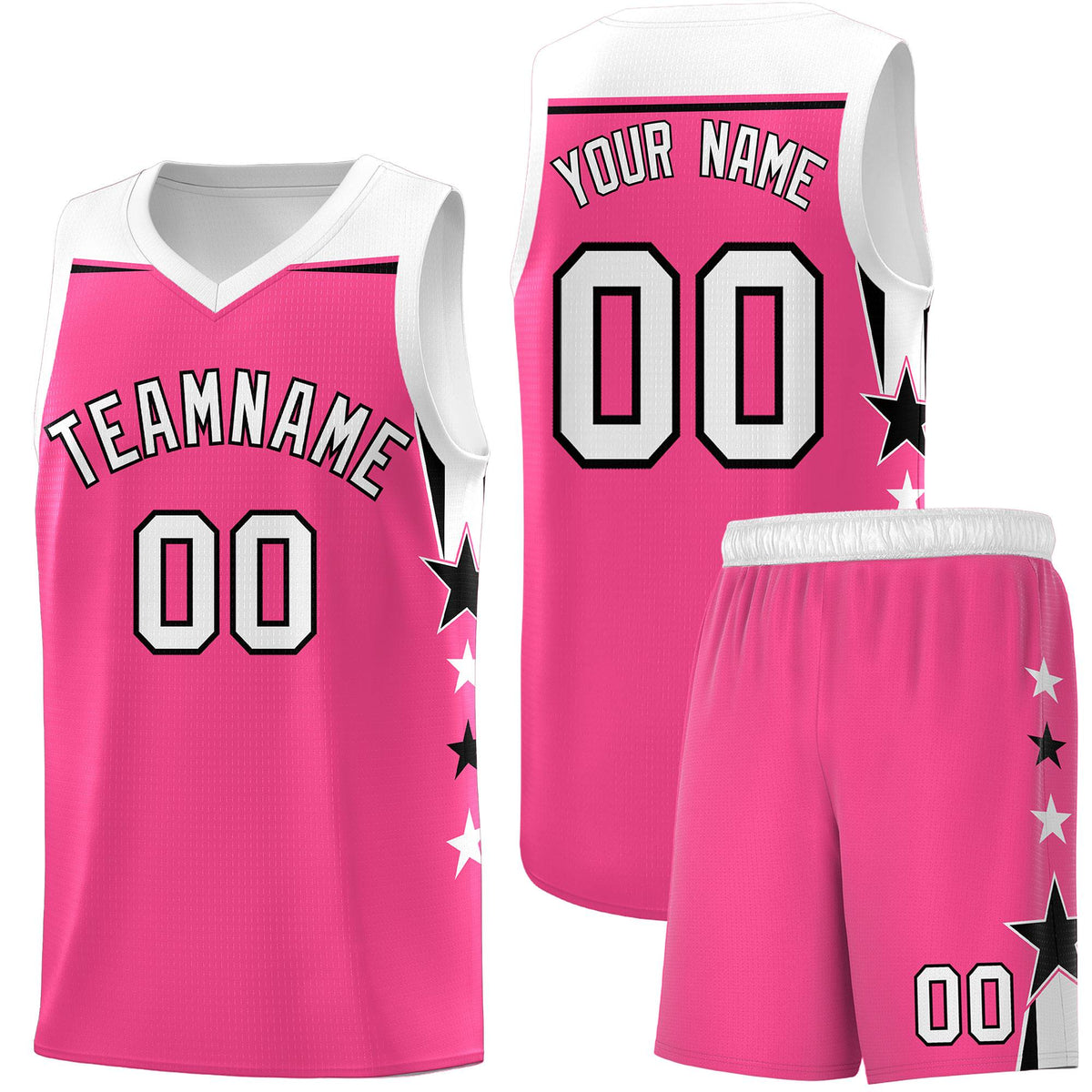 Custom Youth Basketball Uniform Pink White Two Tone Side Star Add Name Number &amp; Logo