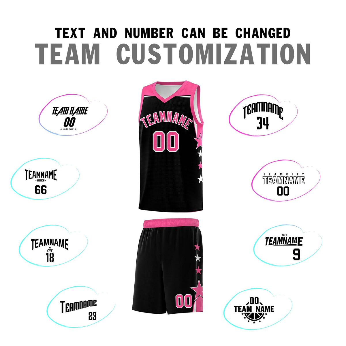 Custom Youth Basketball Uniform Black Pink Two Tone Side Star Personalized Team Jersey