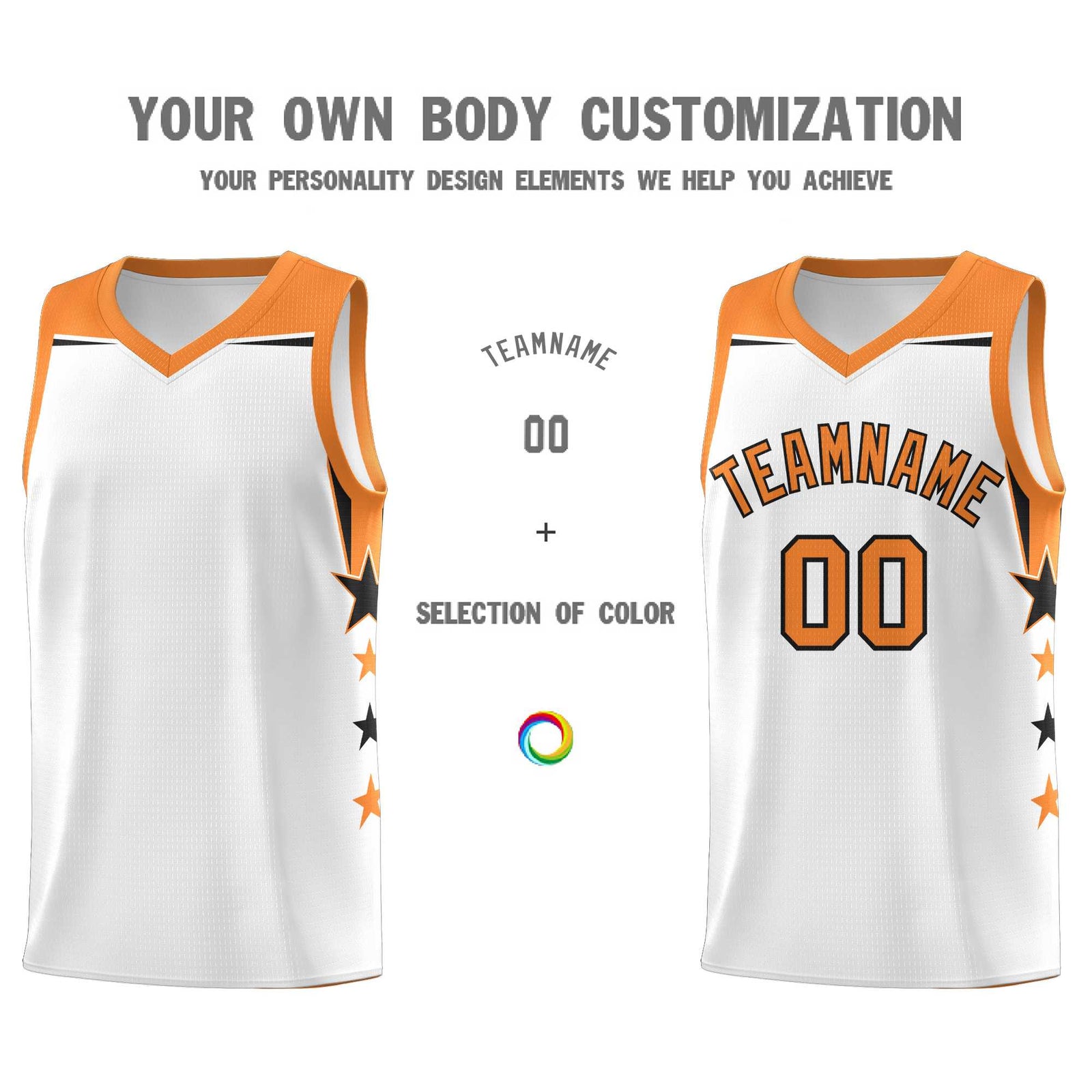Custom Youth Basketball Uniform White Gold Orange Two Tone Side Star Color Block Team Jersey