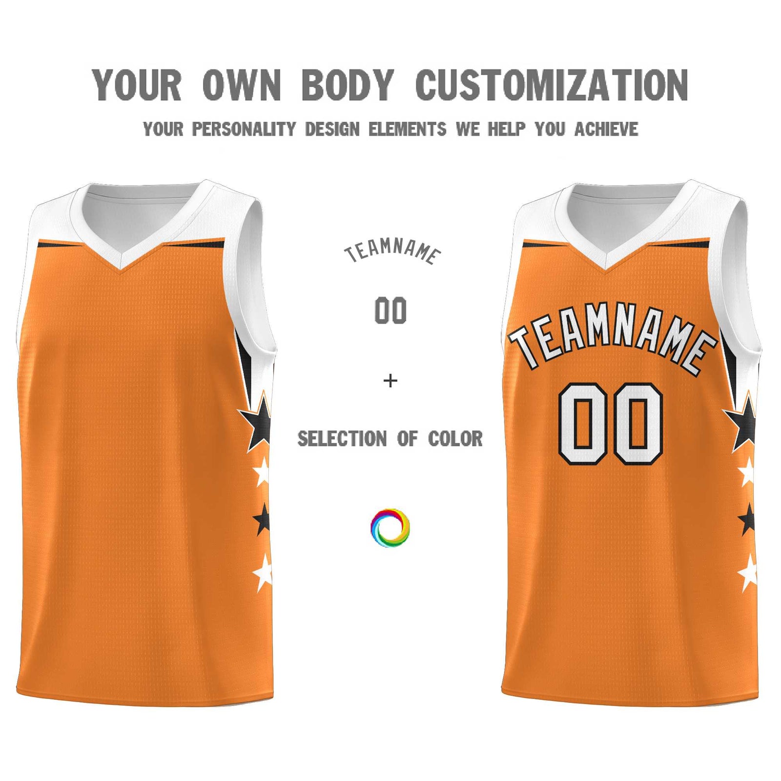 Custom Youth Basketball Uniform Gold Orange White Two Tone Side Star Add Name Number & Logo