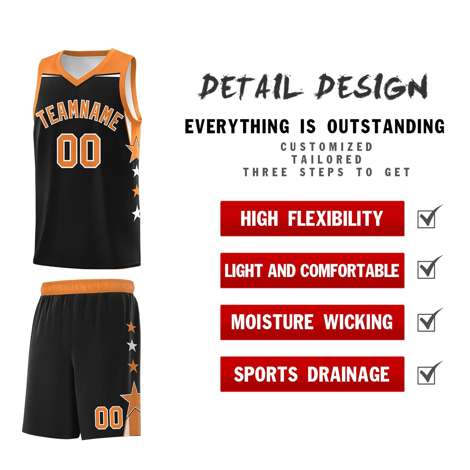Custom Youth Basketball Uniform Black Gold Orange Two Tone Side Star Personalized Team Jersey