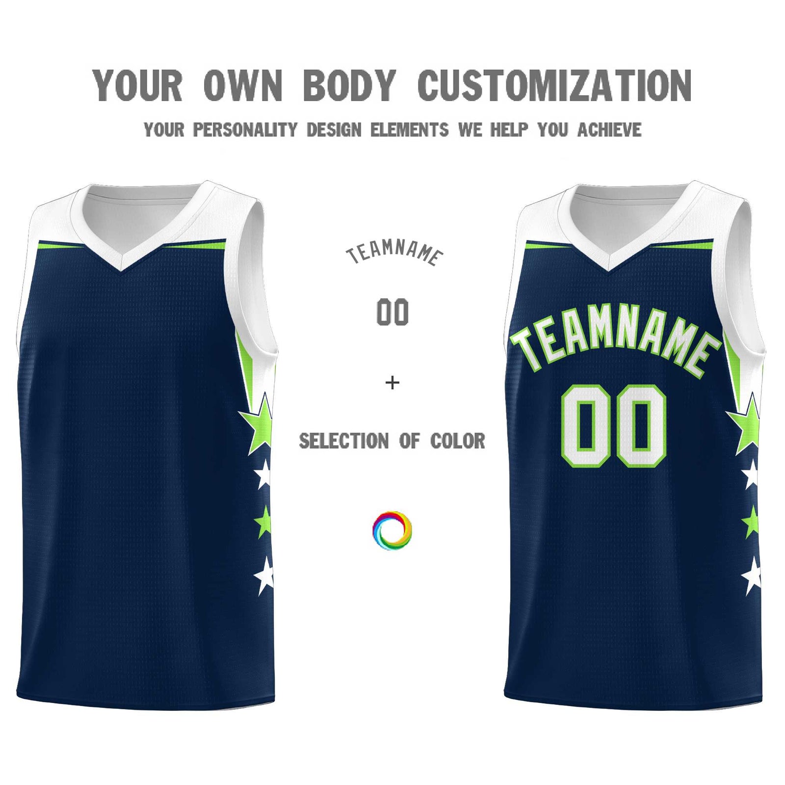 Custom Youth Basketball Uniform Navy White Two Tone Side Star Add Name Number & Logo