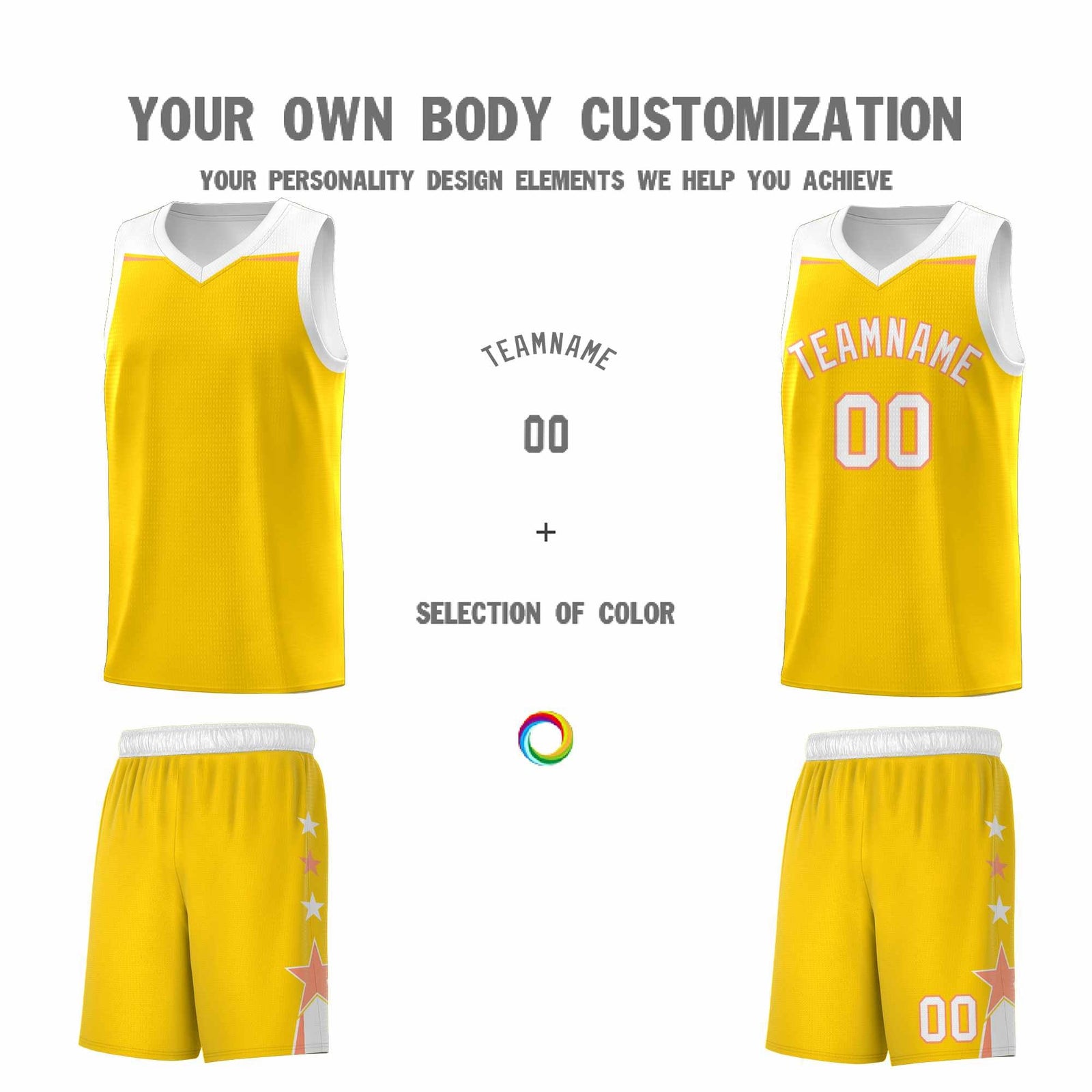 Custom Youth Basketball Uniform Gold White Two Tone Side Star Color Block Team Jersey