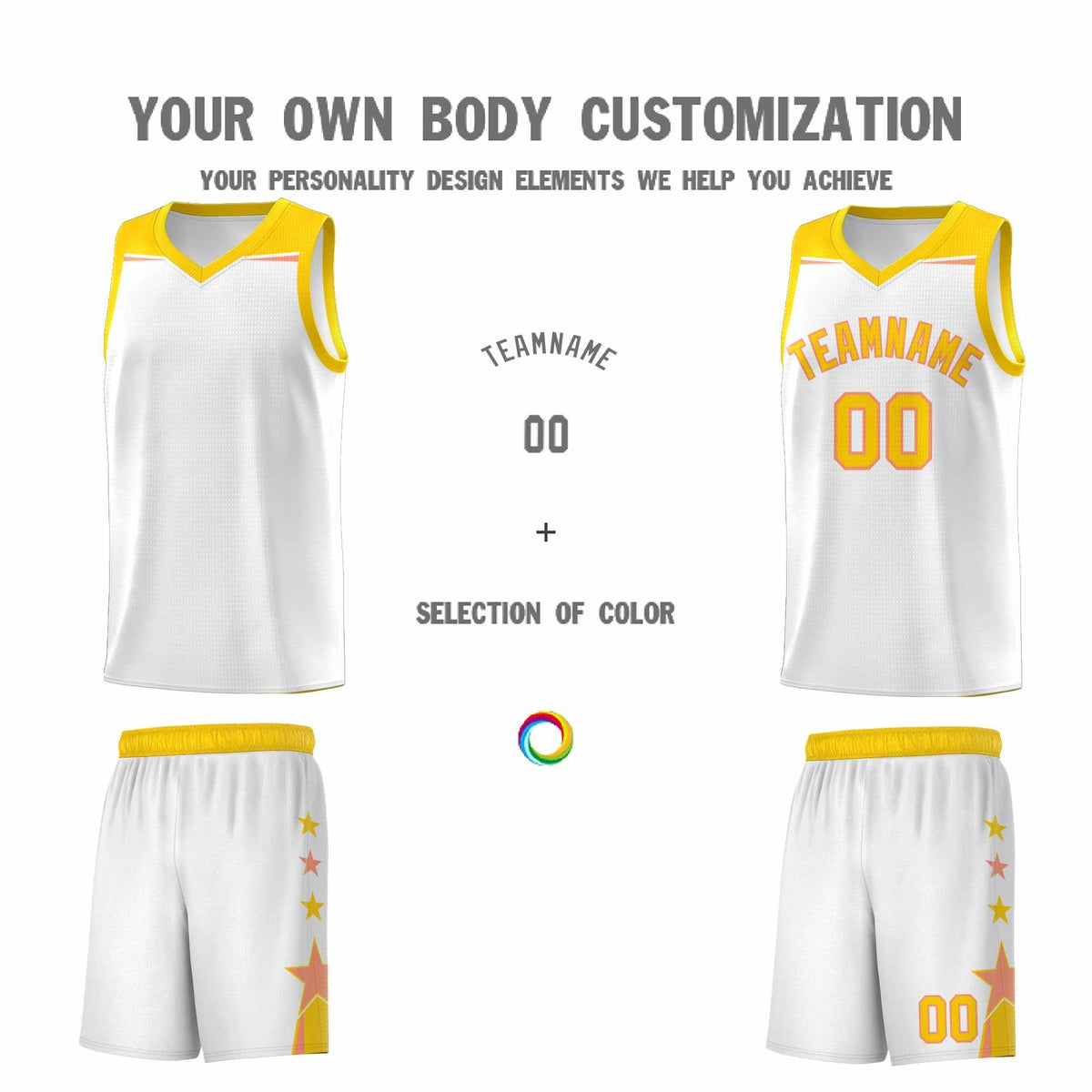 Custom Youth Basketball Uniform White Gold Two Tone Side Star Add Name Number &amp; Logo