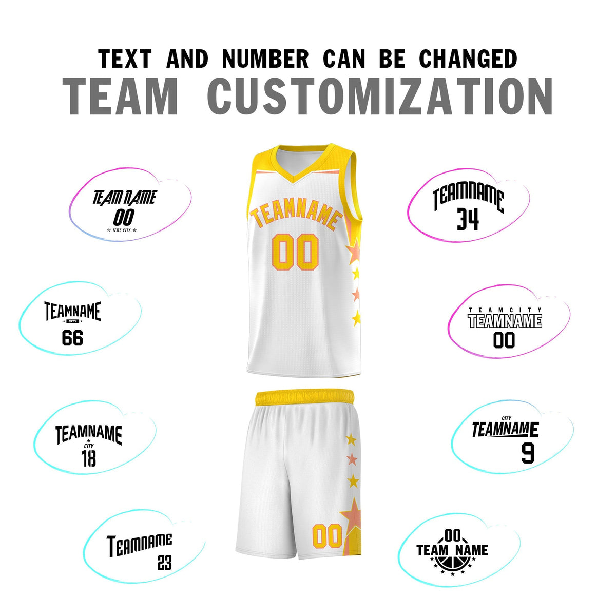 Custom Youth Basketball Uniform White Gold Two Tone Side Star Add Name Number &amp; Logo