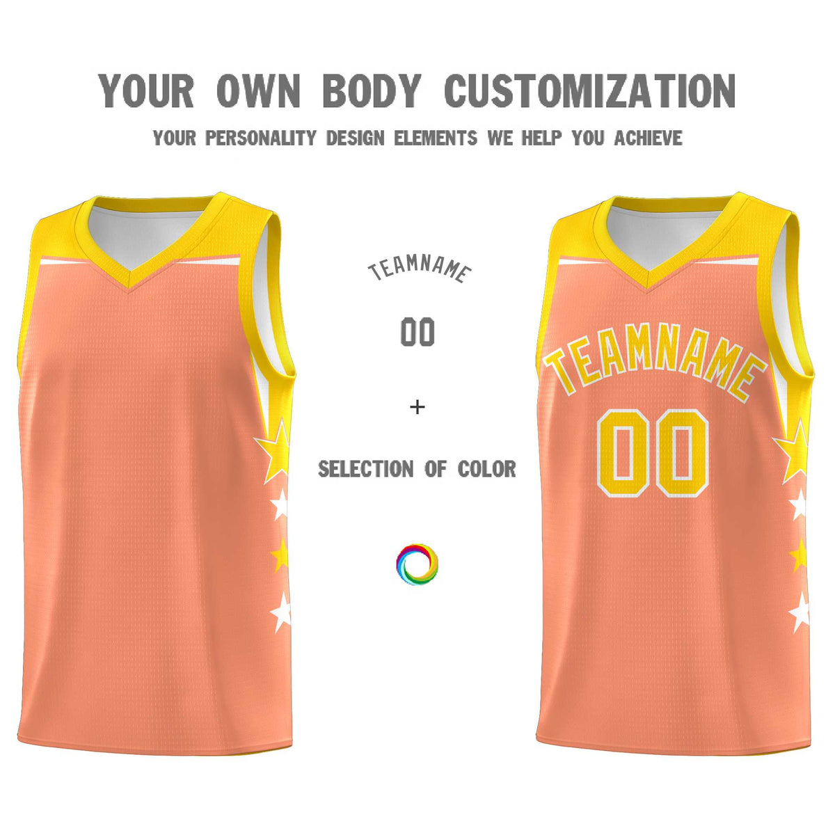 Custom Youth Basketball Uniform Light Orange Gold Two Tone Side Star Personalized Team Jersey