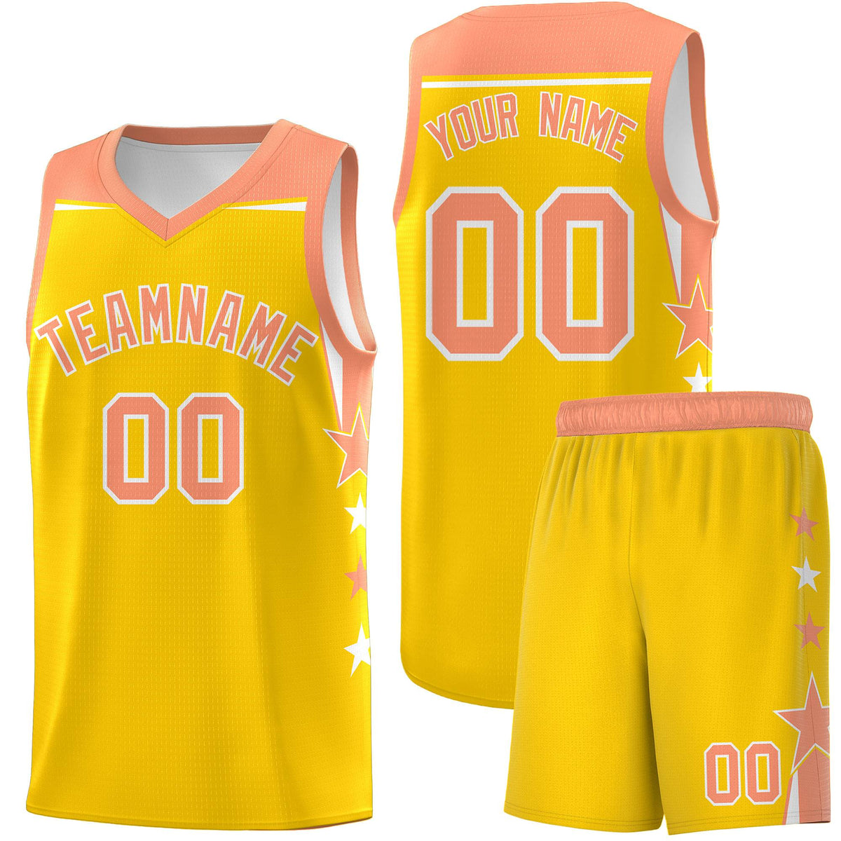 Custom Youth Basketball Uniform Gold Light Orange Two Tone Side Star Color Block Team Jersey