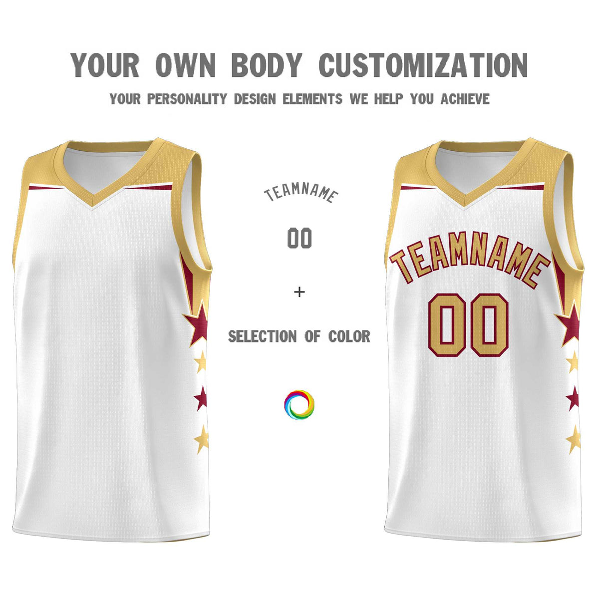 Custom Youth Basketball Uniform White Old Gold Two Tone Side Star Add Name Number &amp; Logo