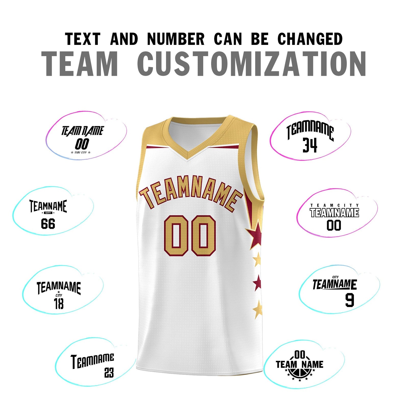 Custom Youth Basketball Uniform White Old Gold Two Tone Side Star Add Name Number & Logo