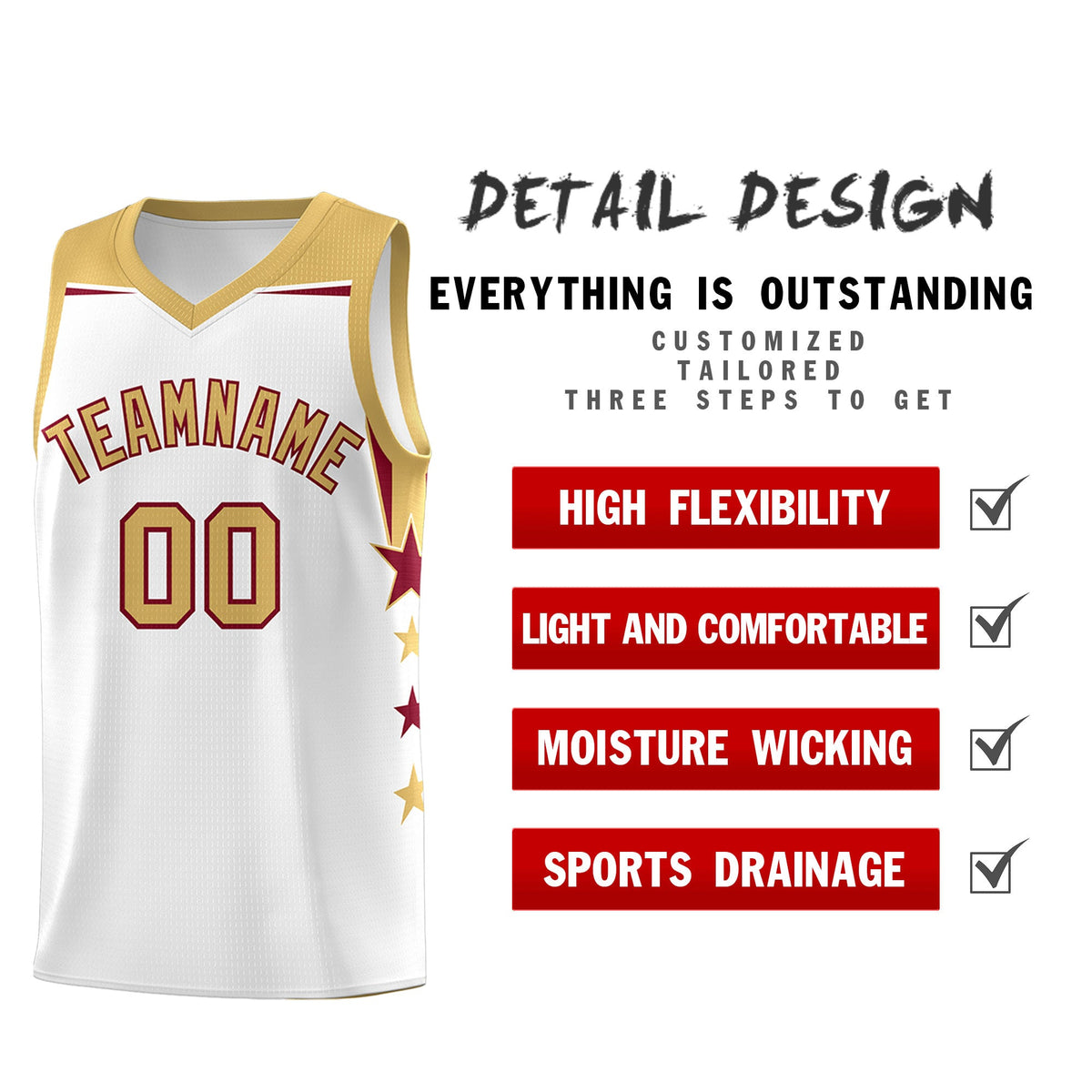 Custom Youth Basketball Uniform White Old Gold Two Tone Side Star Add Name Number &amp; Logo