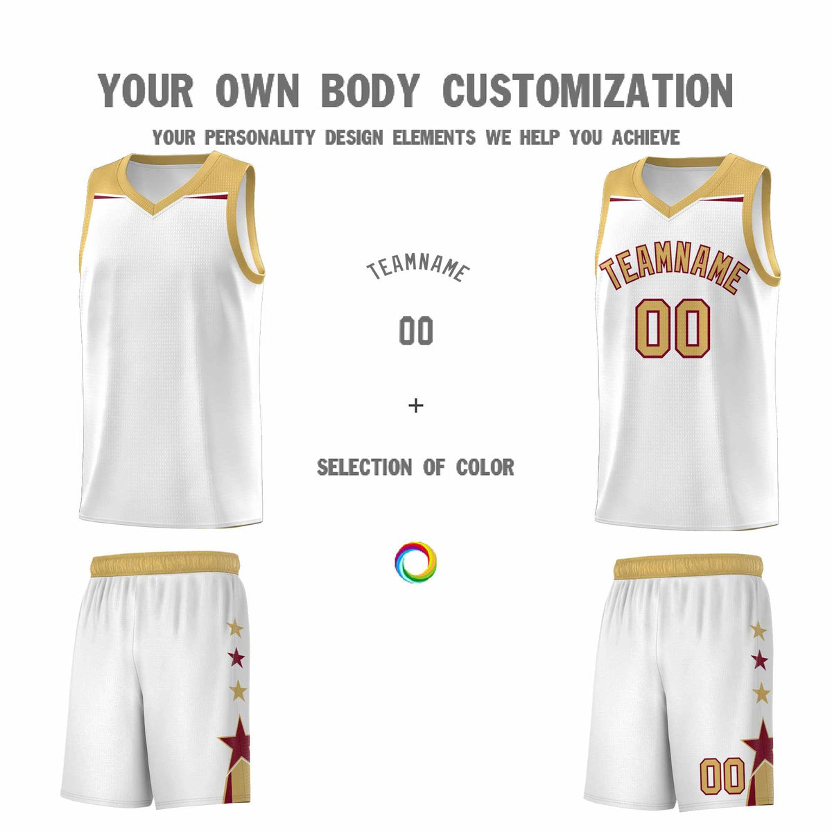 Custom Youth Basketball Uniform White Old Gold Two Tone Side Star Add Name Number &amp; Logo