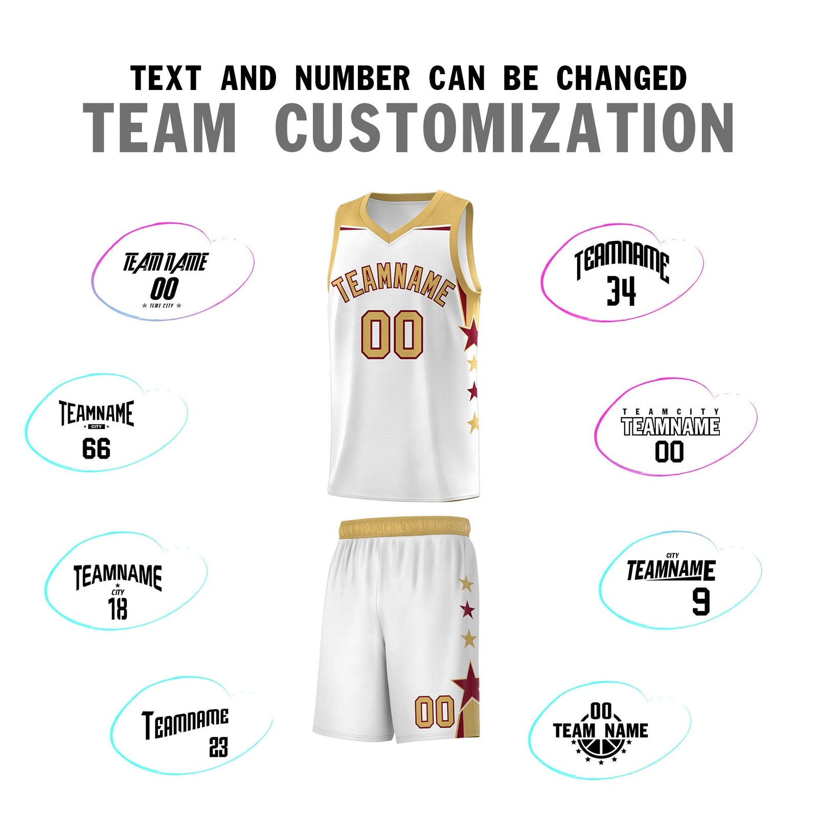 Custom Youth Basketball Uniform White Old Gold Two Tone Side Star Add Name Number & Logo