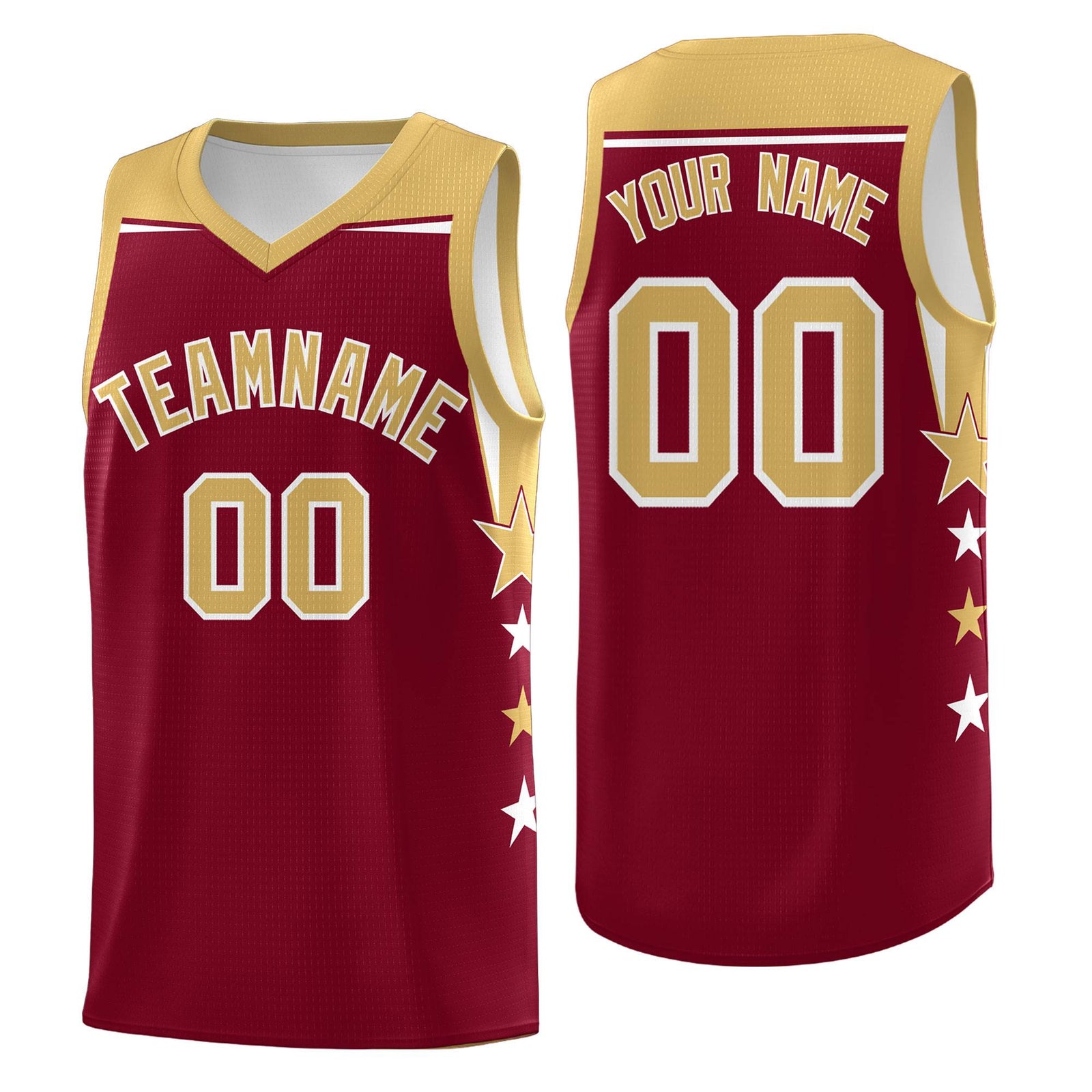 Custom Youth Basketball Uniform Crimson Old Gold Two Tone Side Star Color Block Team Jersey