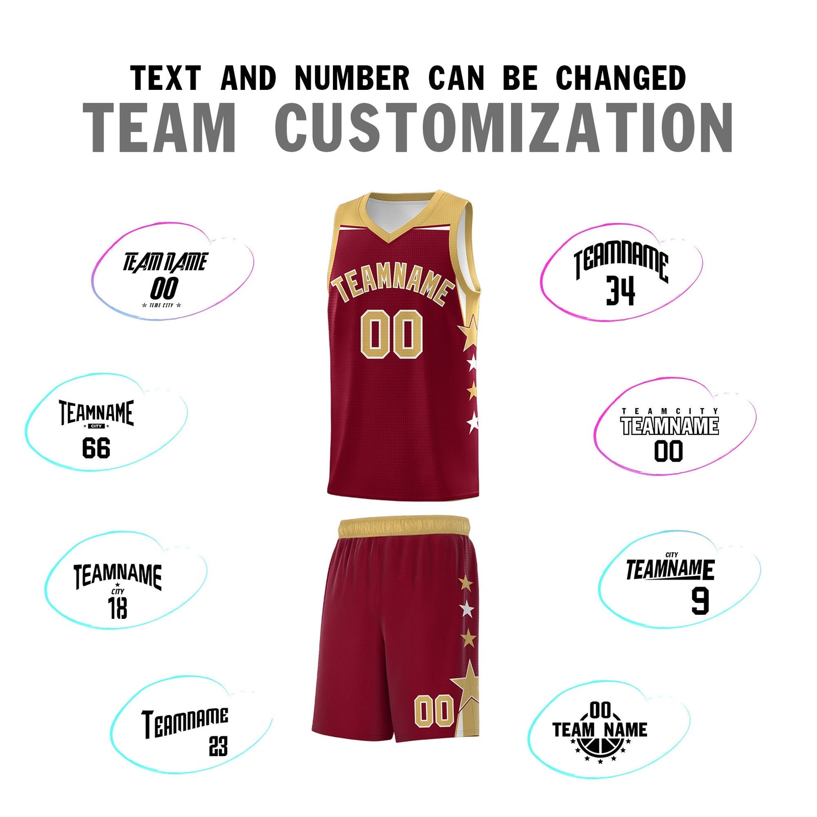 Custom Youth Basketball Uniform Crimson Old Gold Two Tone Side Star Color Block Team Jersey