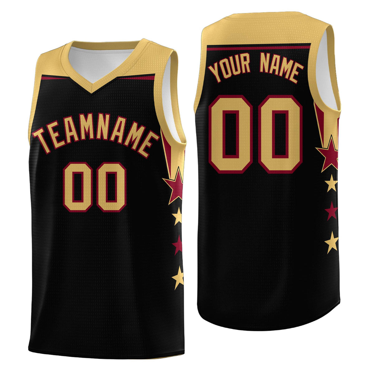 Custom Youth Basketball Uniform Black Old Gold Two Tone Side Star Add Name Number &amp; Logo