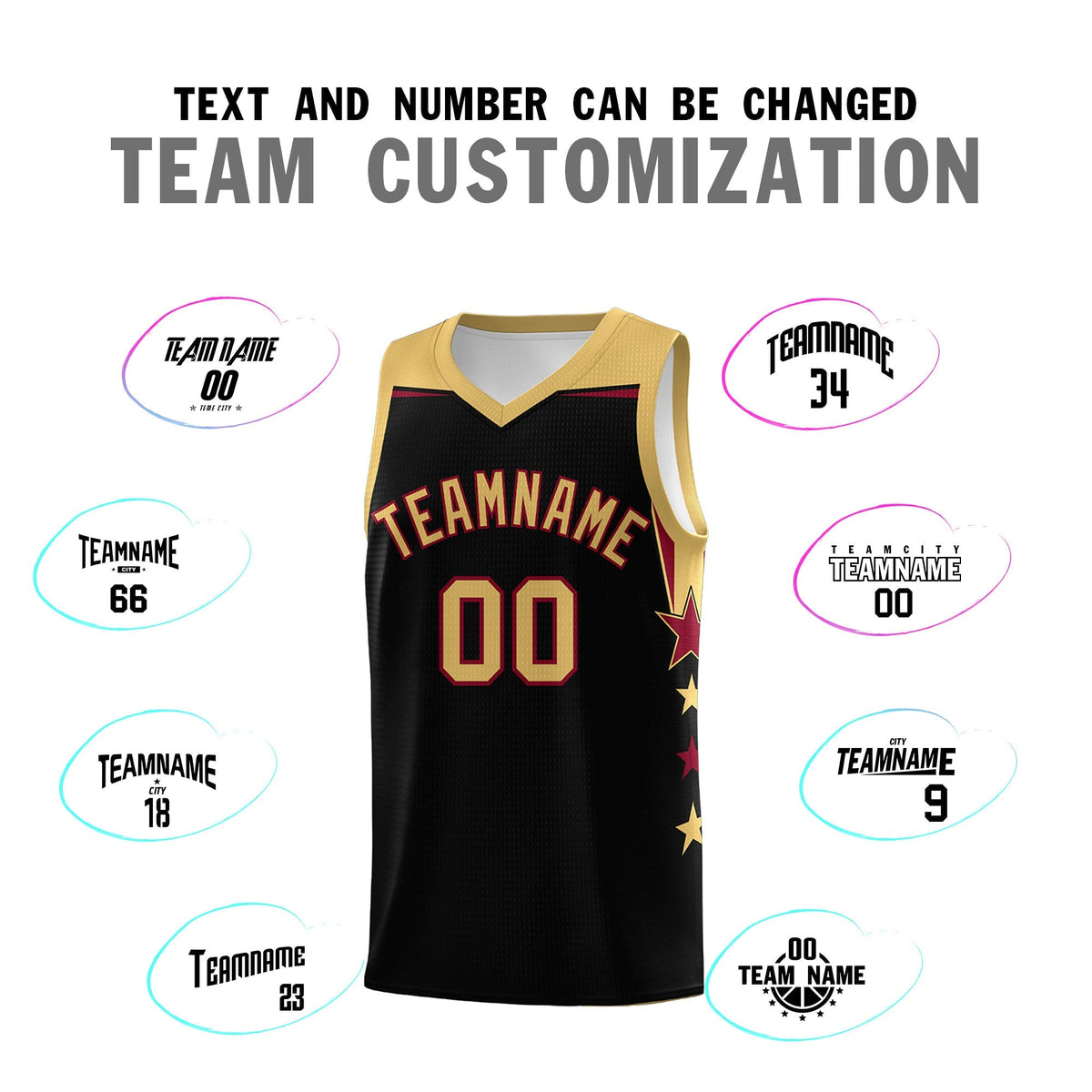 Custom Youth Basketball Uniform Black Old Gold Two Tone Side Star Add Name Number &amp; Logo