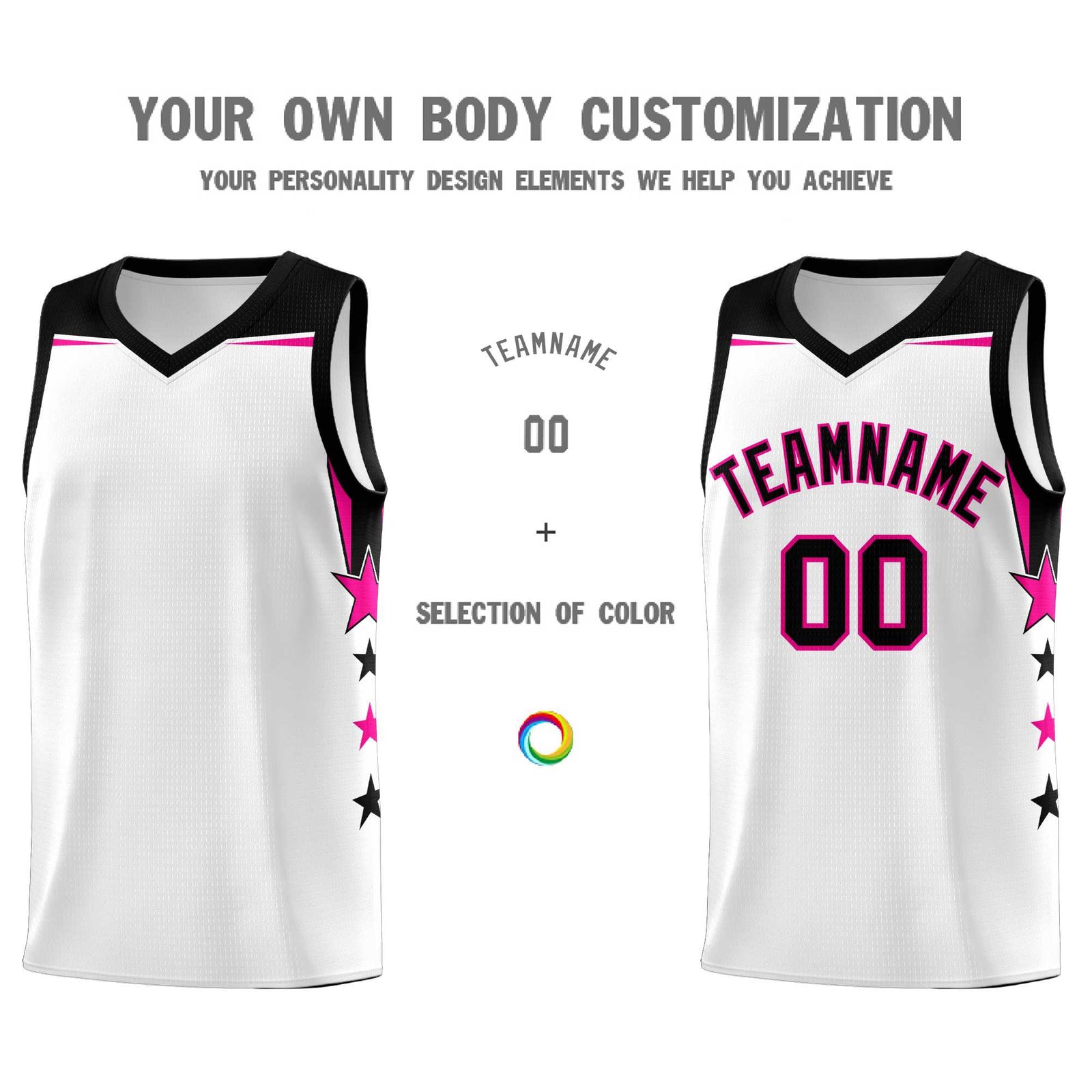 Custom Youth Basketball Uniform White Black Two Tone Side Star Add Name Number & Logo