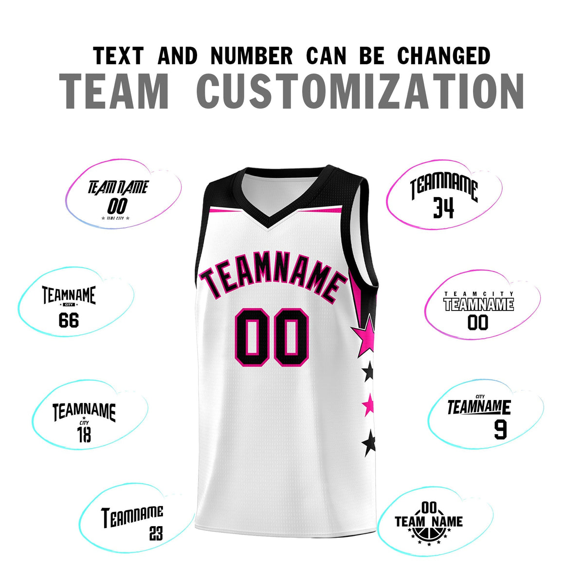 Custom Youth Basketball Uniform White Black Two Tone Side Star Add Name Number &amp; Logo