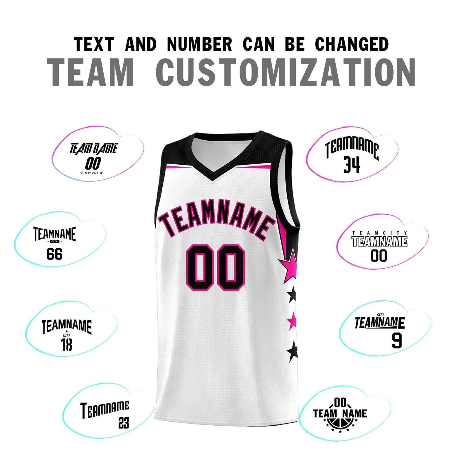 Custom Youth Basketball Uniform White Black Two Tone Side Star Add Name Number & Logo