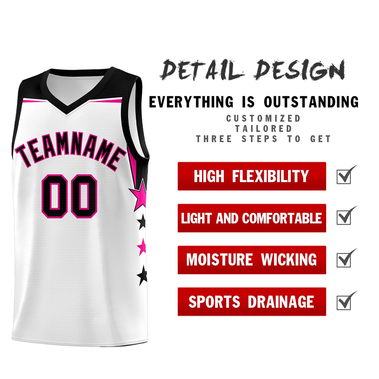 Custom Youth Basketball Uniform White Black Two Tone Side Star Add Name Number & Logo