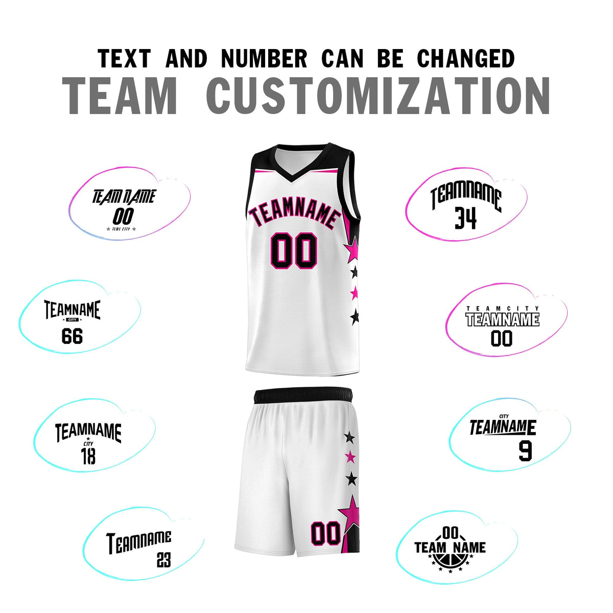 Custom Youth Basketball Uniform White Black Two Tone Side Star Add Name Number &amp; Logo